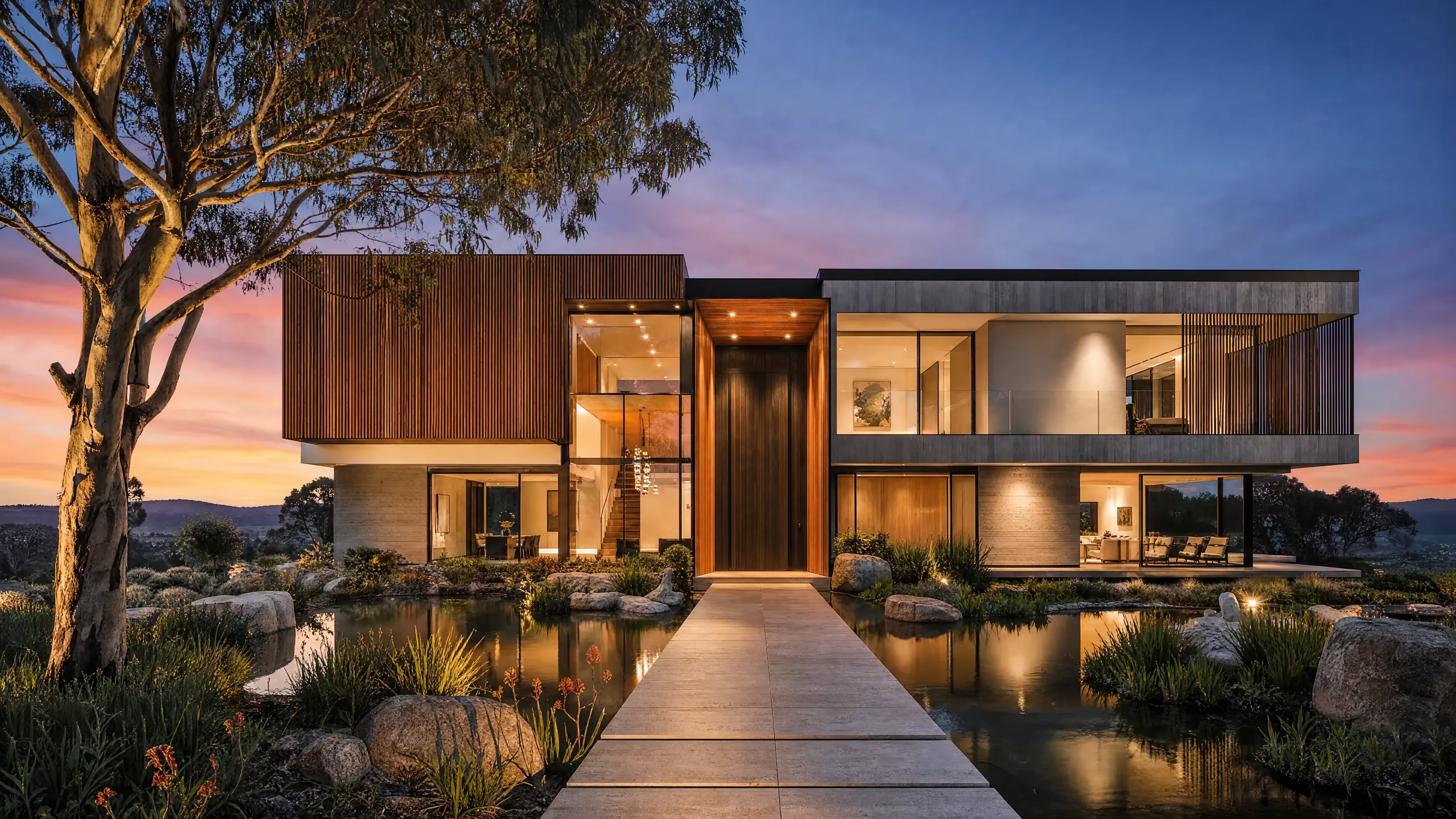 Photoreal dusk render of a contemporary two-storey Australian home above a reflection pond