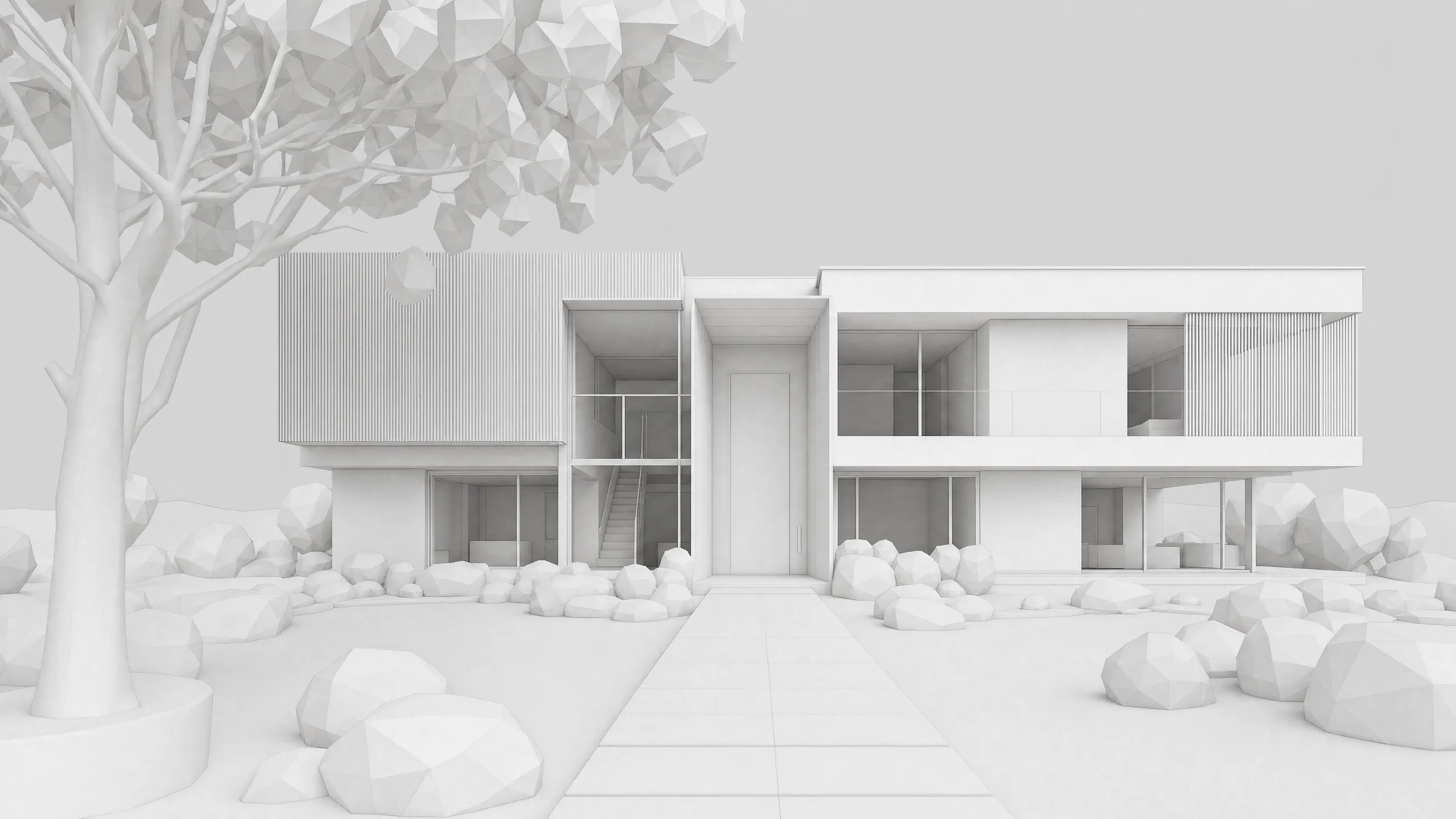 The same home as a white low-poly architectural working model