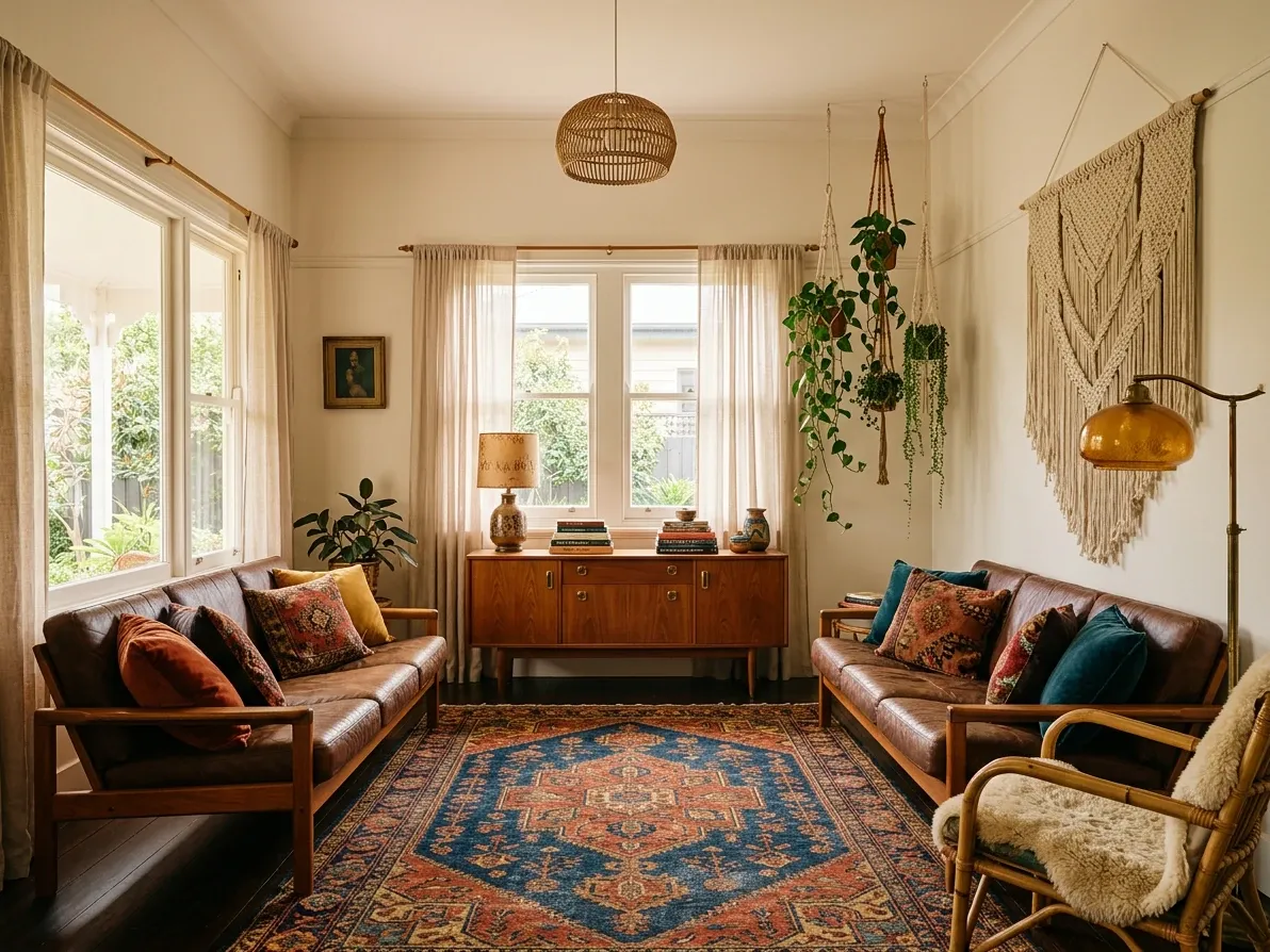 1970s revival boho living room with layered jewel tones, vintage timber and global textiles