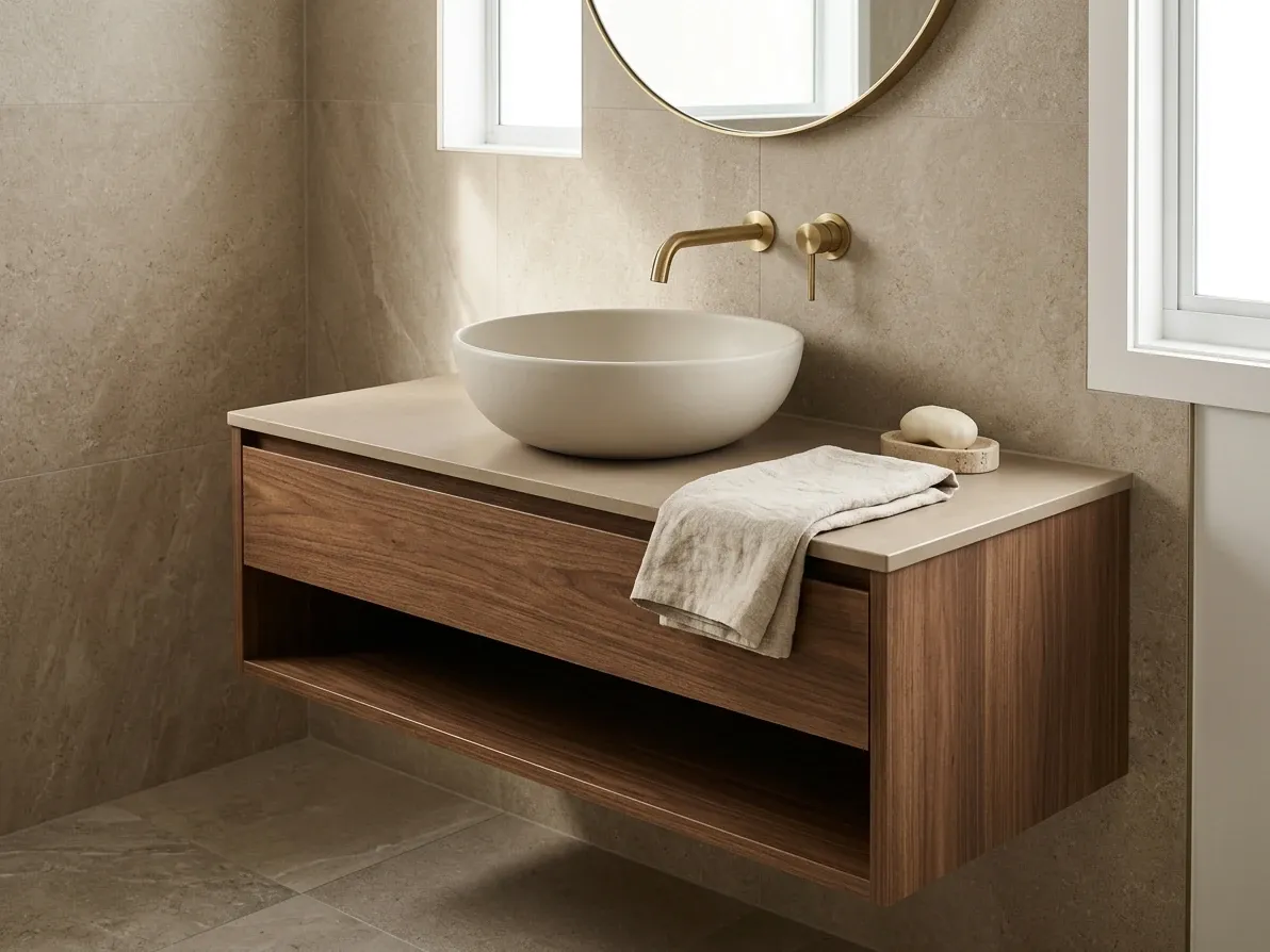 Above-counter basin on a timber vanity with deck-mounted tapware