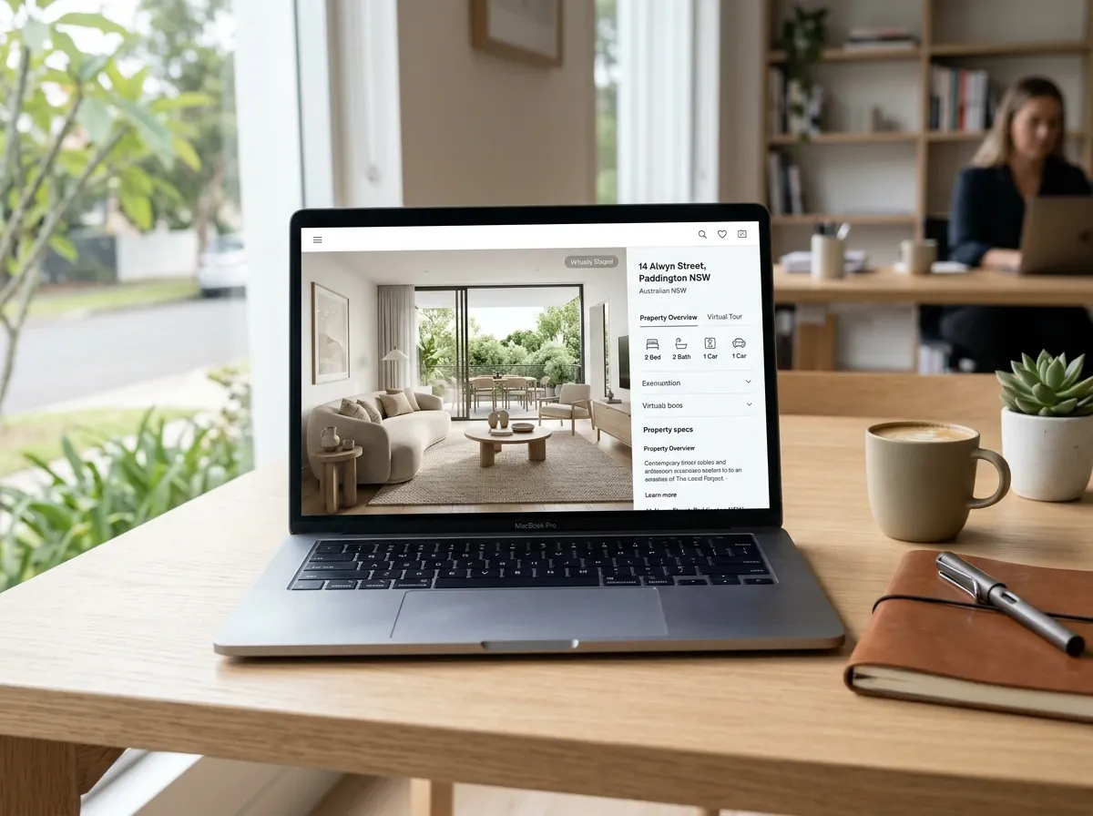 Laptop on a desk showing an Australian property listing with a virtually staged hero photo