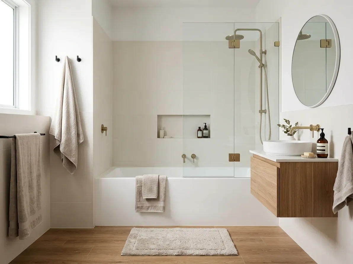 A thoughtfully designed alcove bath with a shower over the bath in a family bathroom