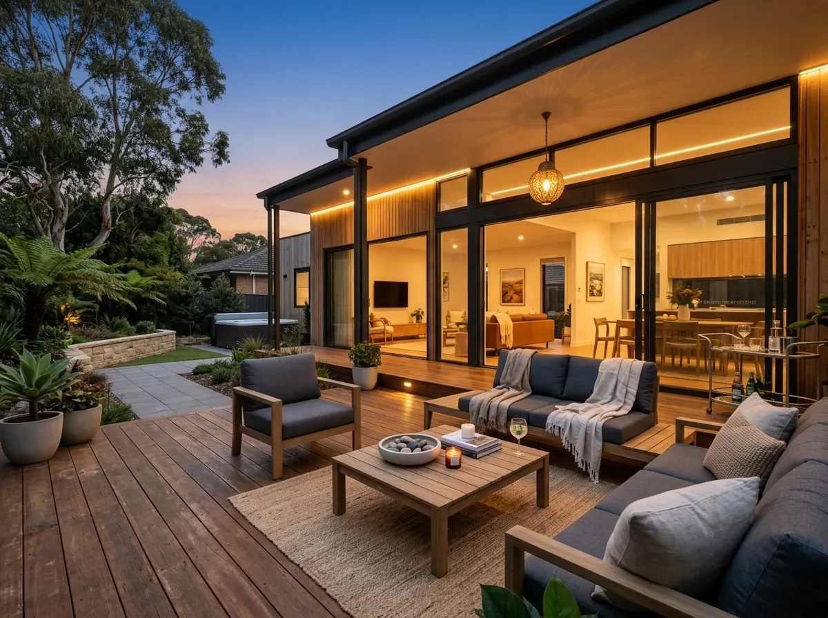 Australian alfresco deck with outdoor lounge setting photographed at dusk with warm glow lighting