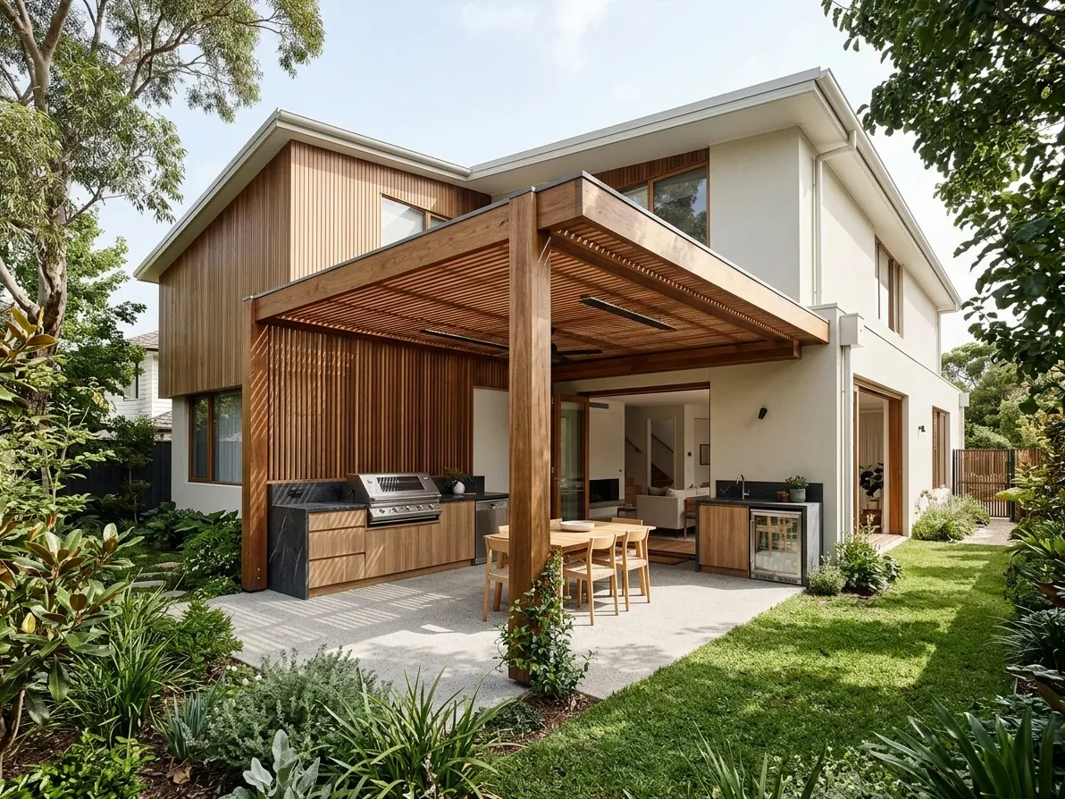 Alfresco pergola structure attached to an Australian home rear elevation