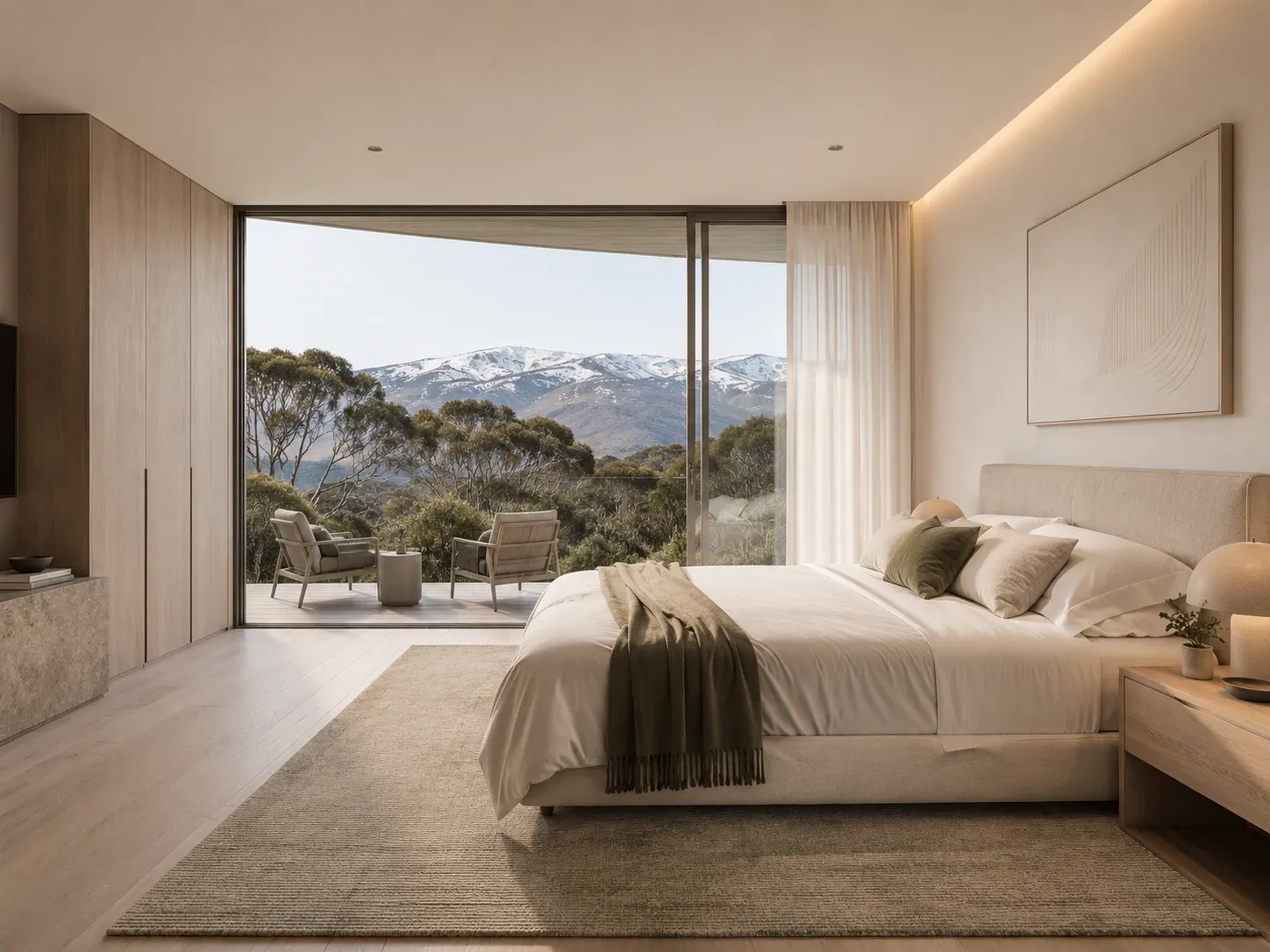Master bedroom — warm lighting, curated styling