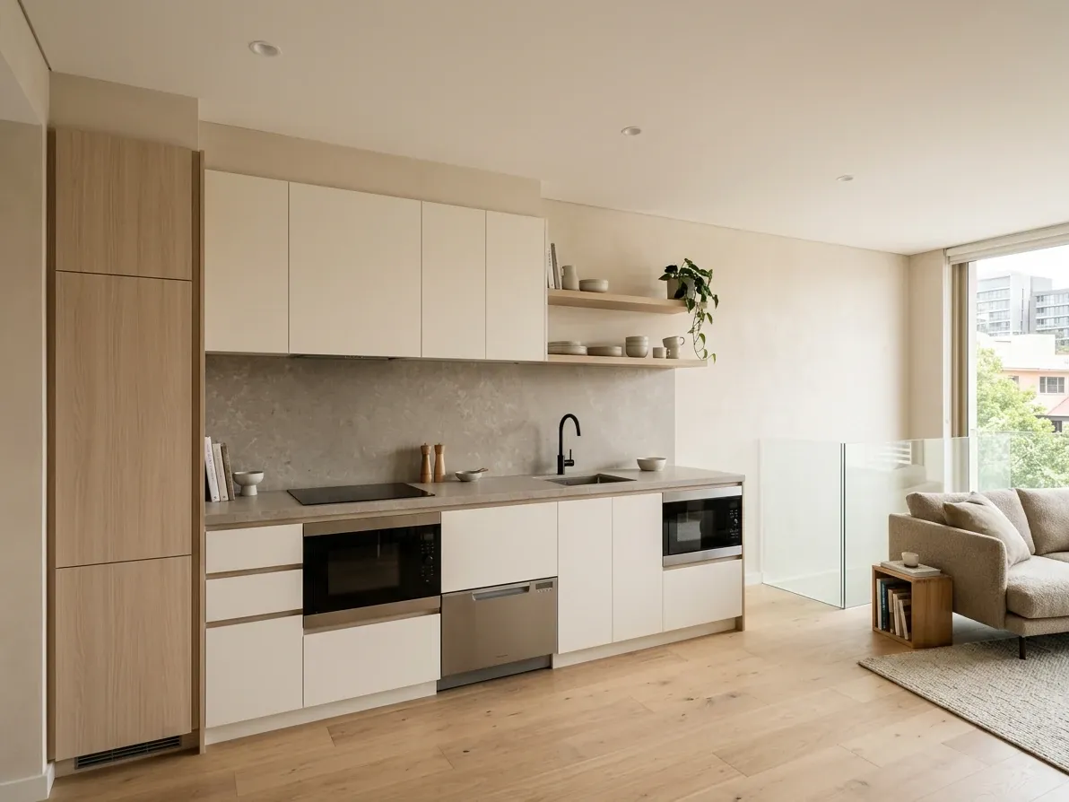 A kitchenette occupying one wall of a small studio apartment with the wider room visible