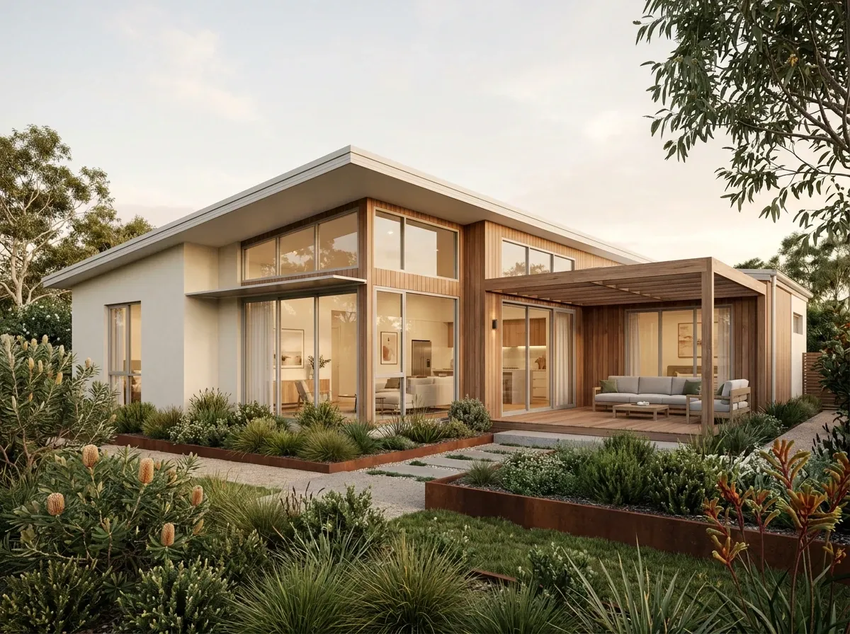Architect's client-presentation render of a contemporary Australian single-storey home exterior