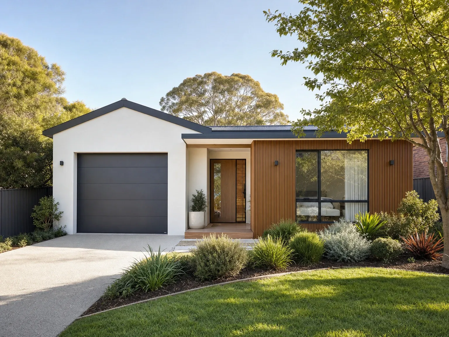 The same house after a contemporary facade renovation with white render, timber cladding and refreshed landscaping
