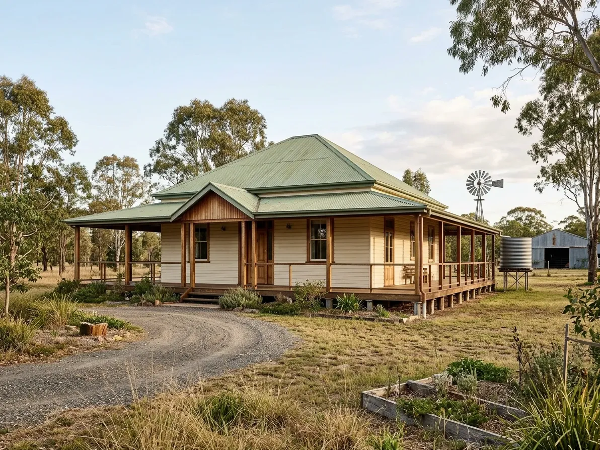 Australian rural homestead with corrugated iron roof, wide verandah and raised timber floors