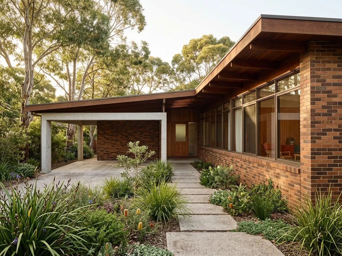 Australian mid-century modern house with low roof, brick facade and native planting