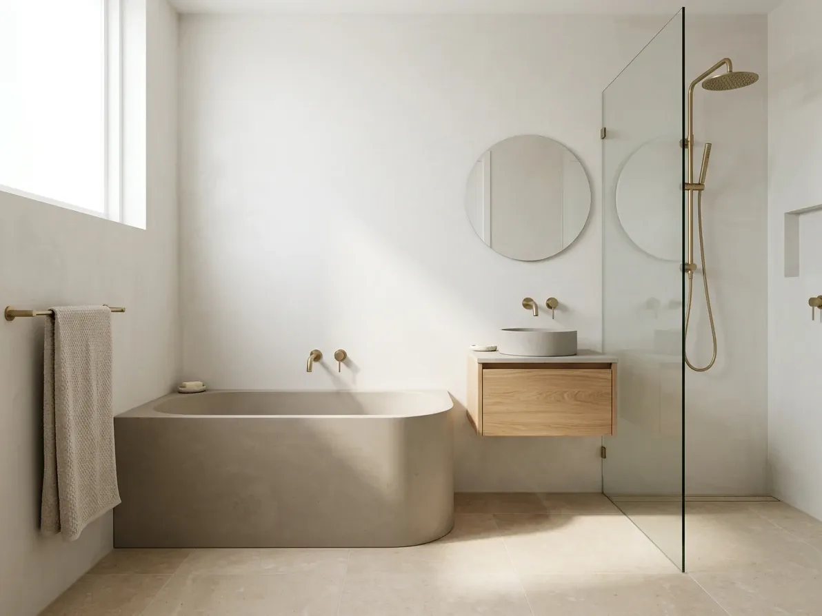 A back-to-wall freestanding bath fitting comfortably in a compact Australian bathroom