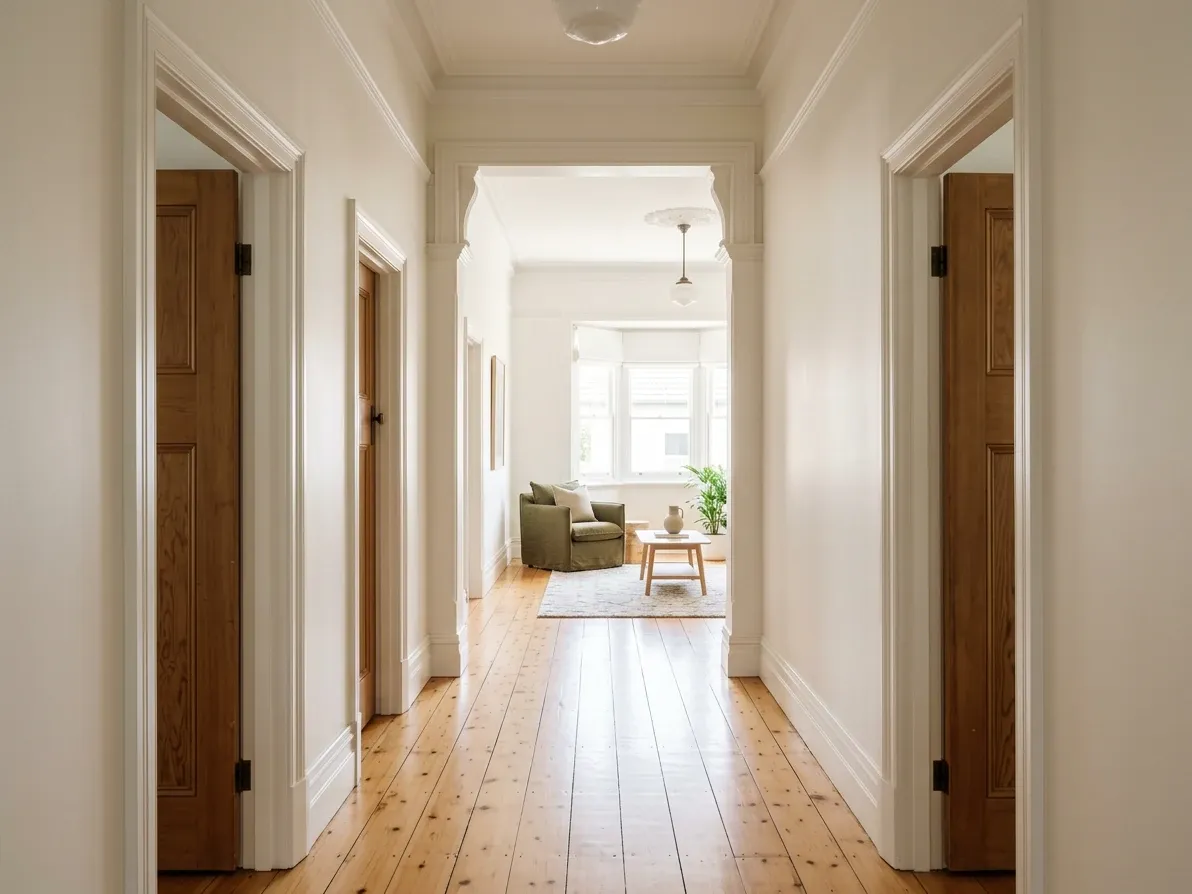 Federation hallway with straight verticals, neutral white balance and balanced exposure into a sunlit living room