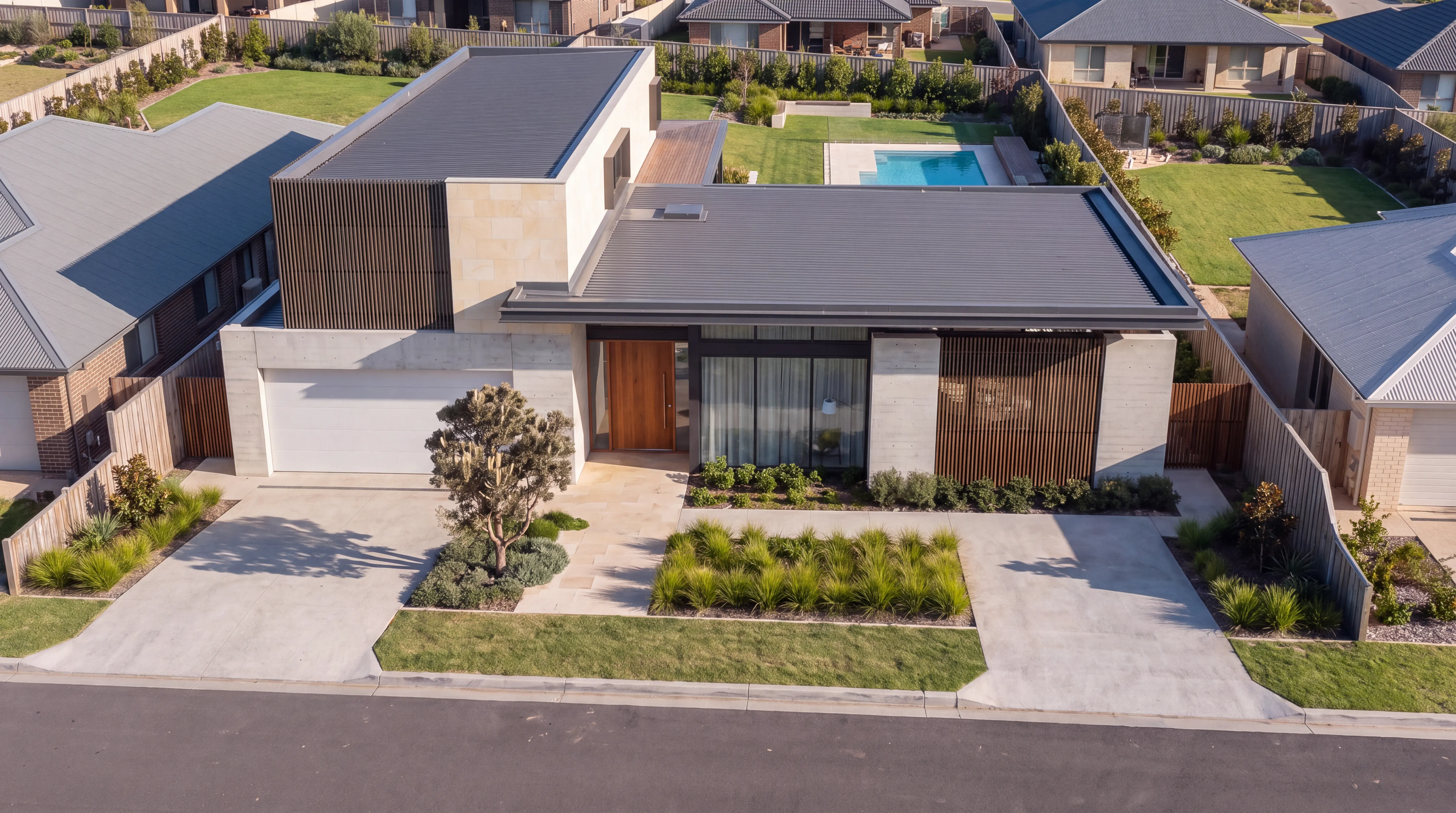 Banksia House study from the air at midday: the whole block in one frame, driveway and garage to the left, batten-screened entry across the front and the pool behind the house