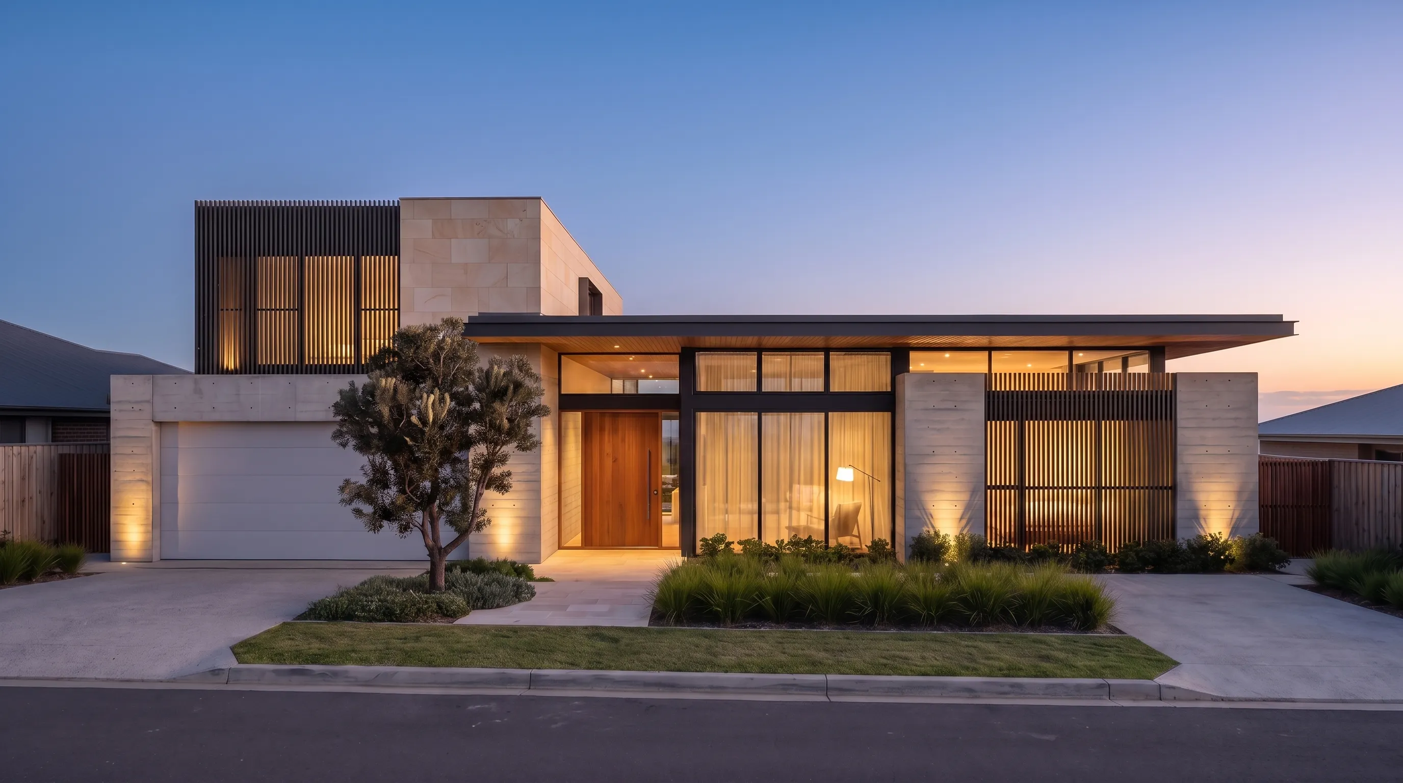 Banksia House study: front elevation at dusk