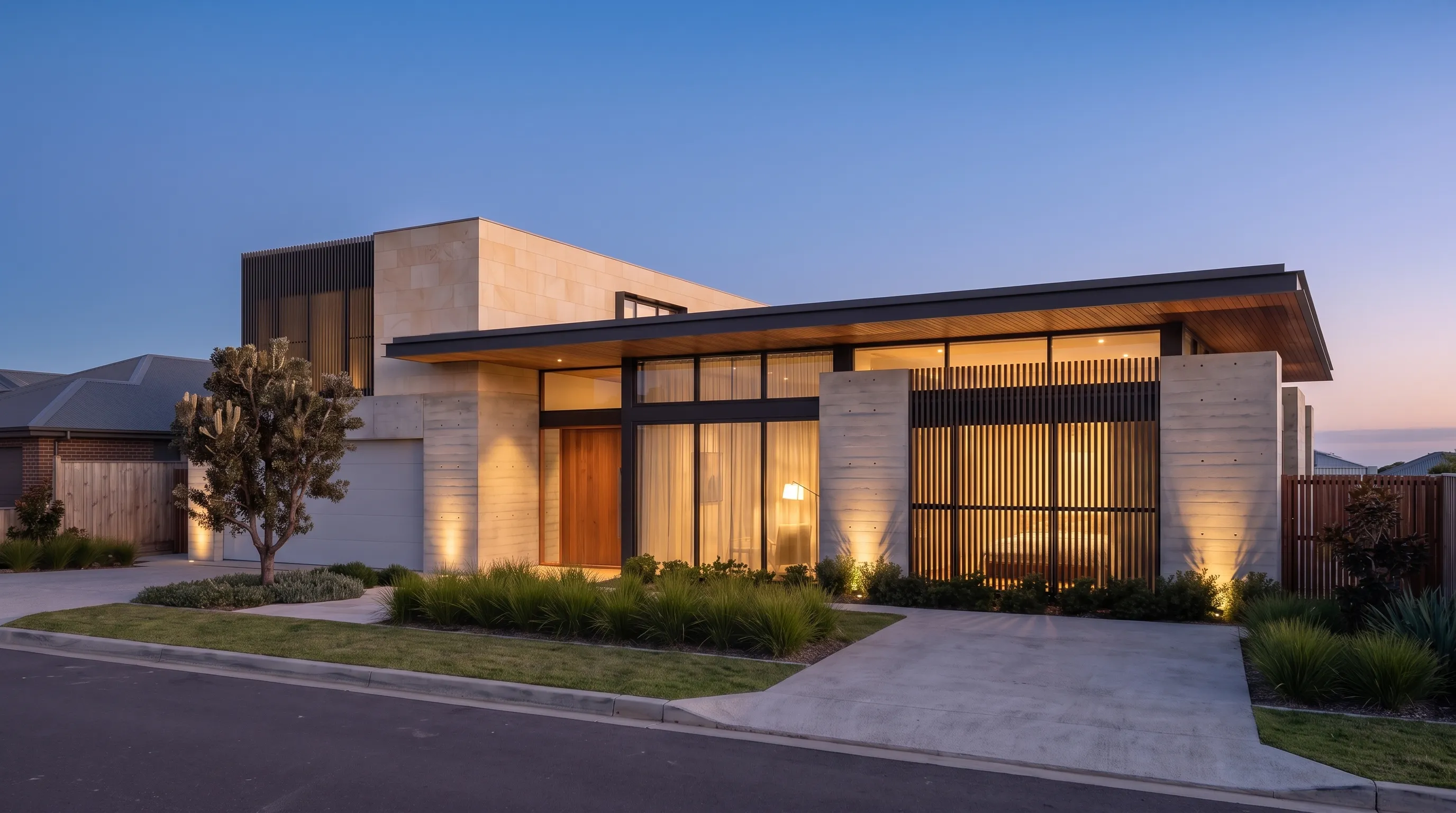 Banksia House study: three-quarter view at dusk