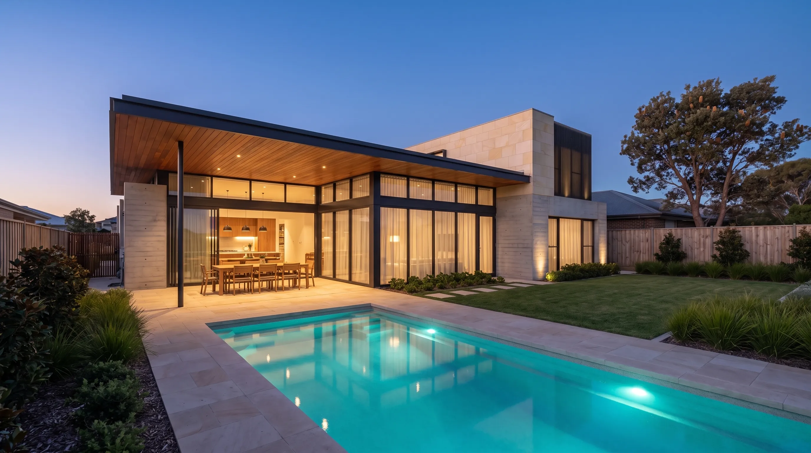 Banksia House study: rear outdoor room and pool at dusk
