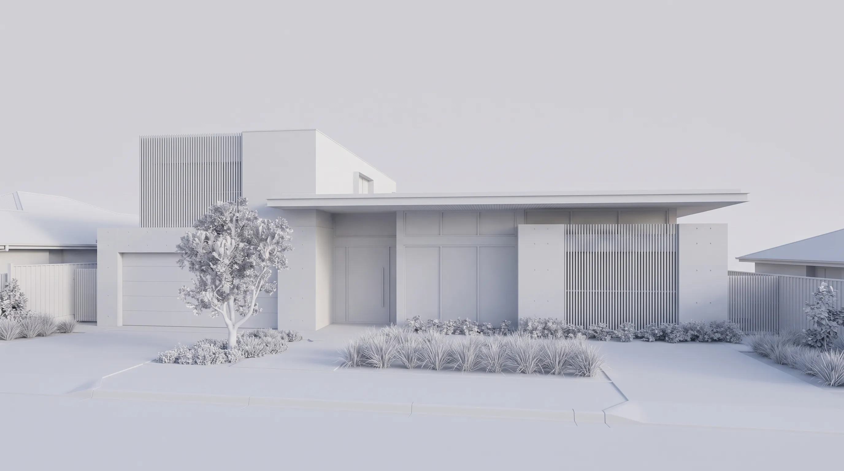 Banksia House as a white clay massing render: same camera, no materials, geometry only