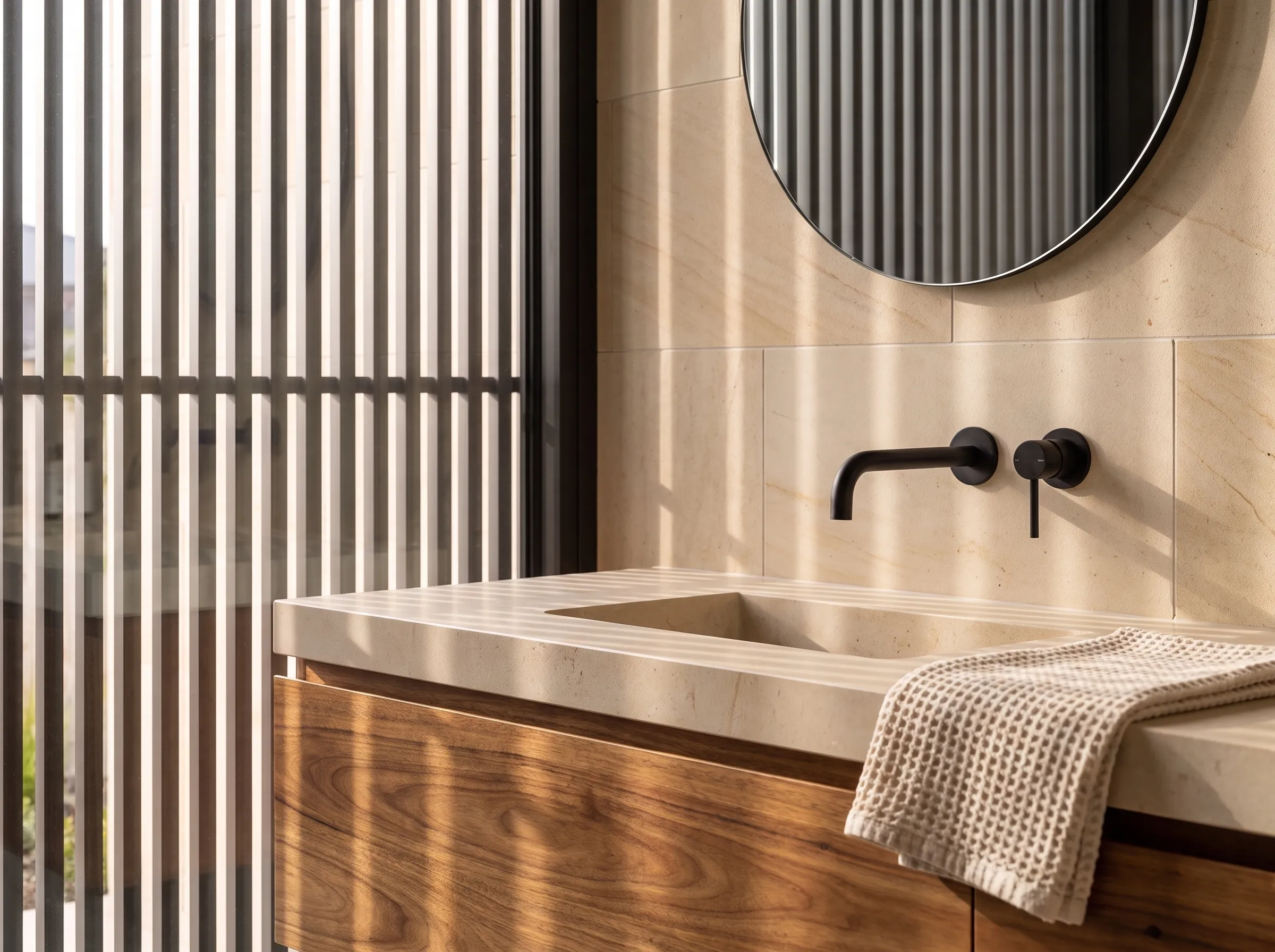 Detail crop: limestone bathroom vanity, black tapware, batten-filtered light