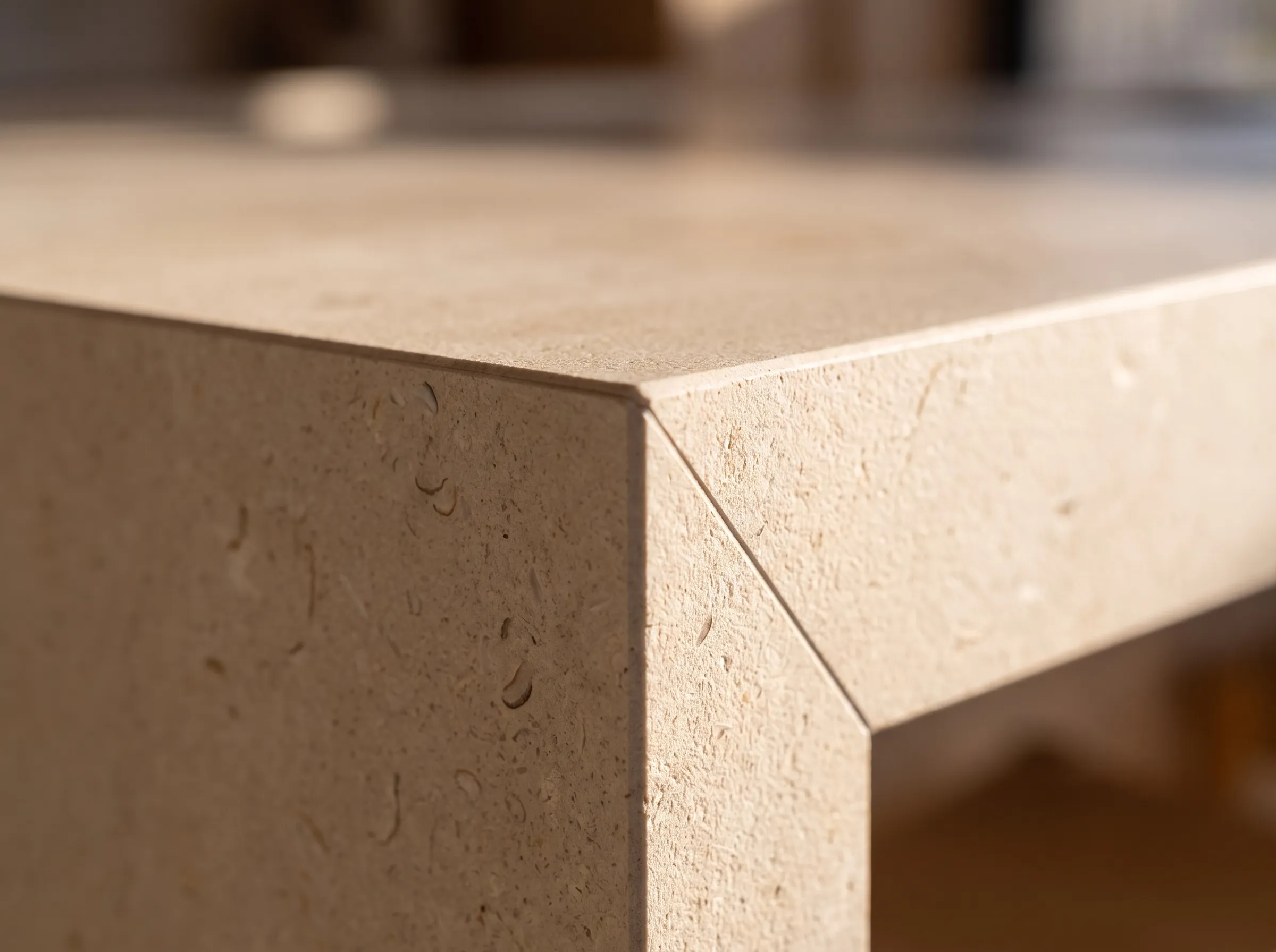 Detail crop: mitred limestone benchtop edge, stone grain sharp