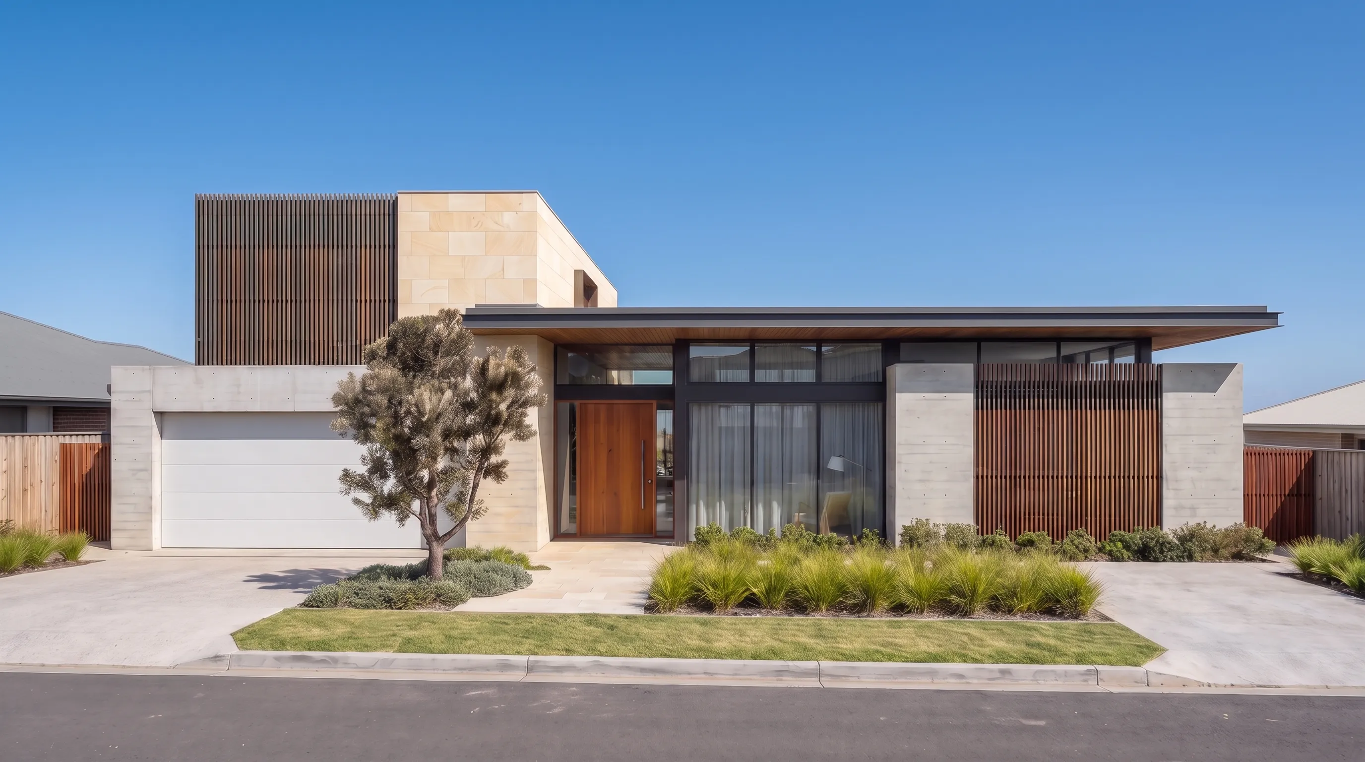 Banksia House facade range, scheme 1: board-marked concrete, limestone and spotted-gum battens in midday light
