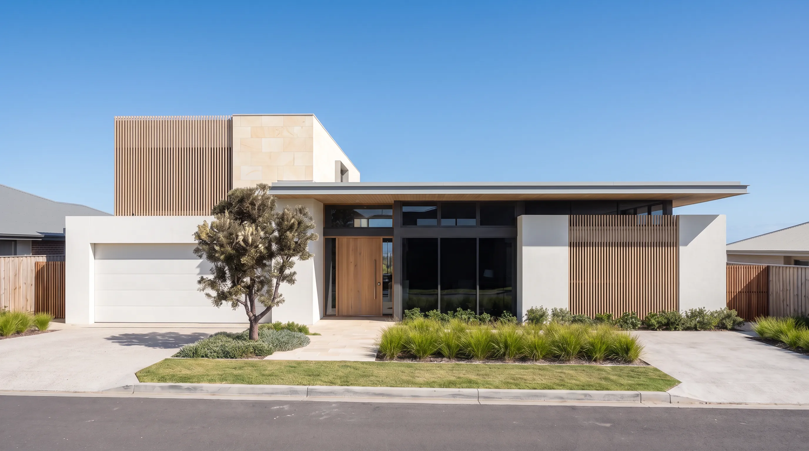 Banksia House facade range, scheme 2: white render and pale oak battens on identical geometry