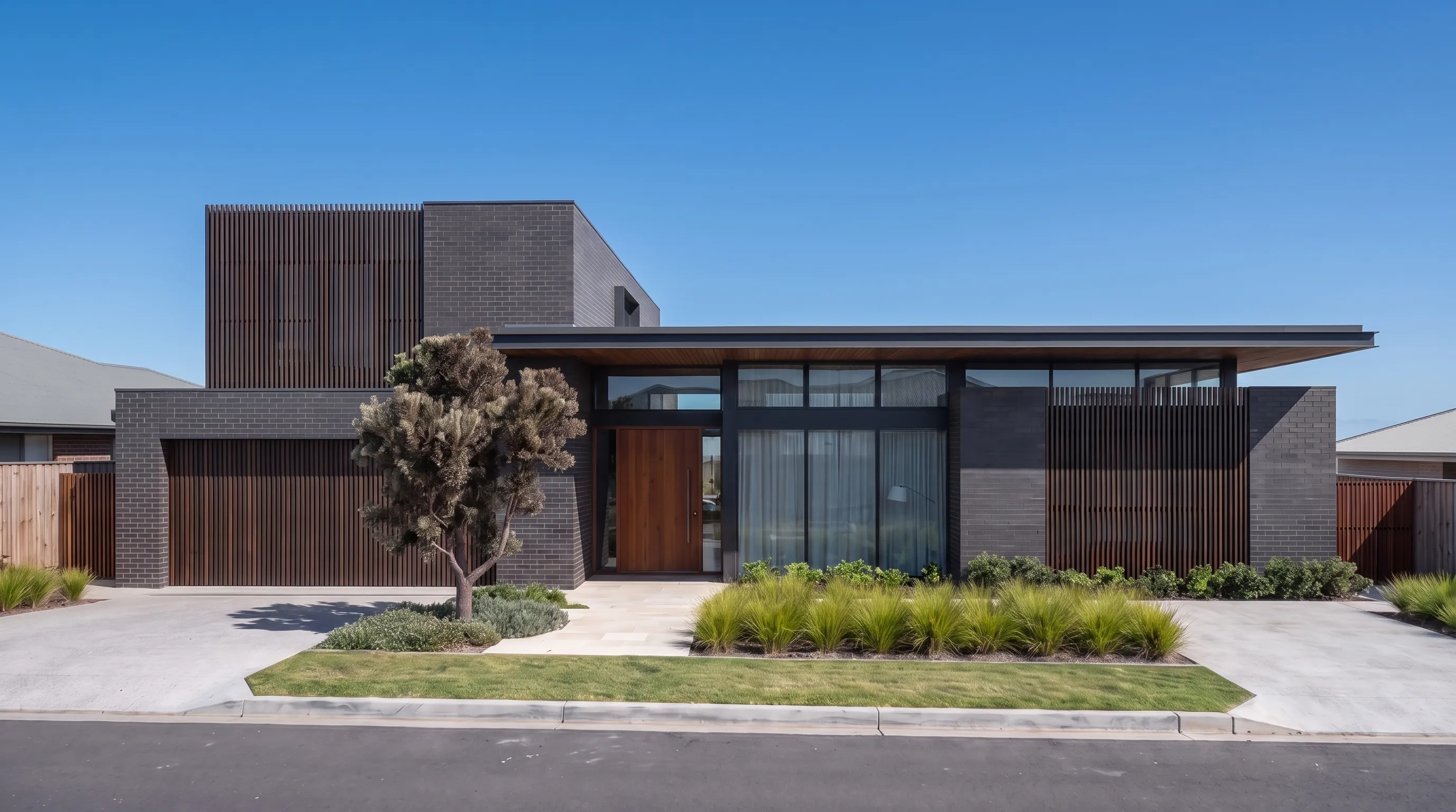 Banksia House facade range, scheme 3: charcoal brick and espresso battens on identical geometry