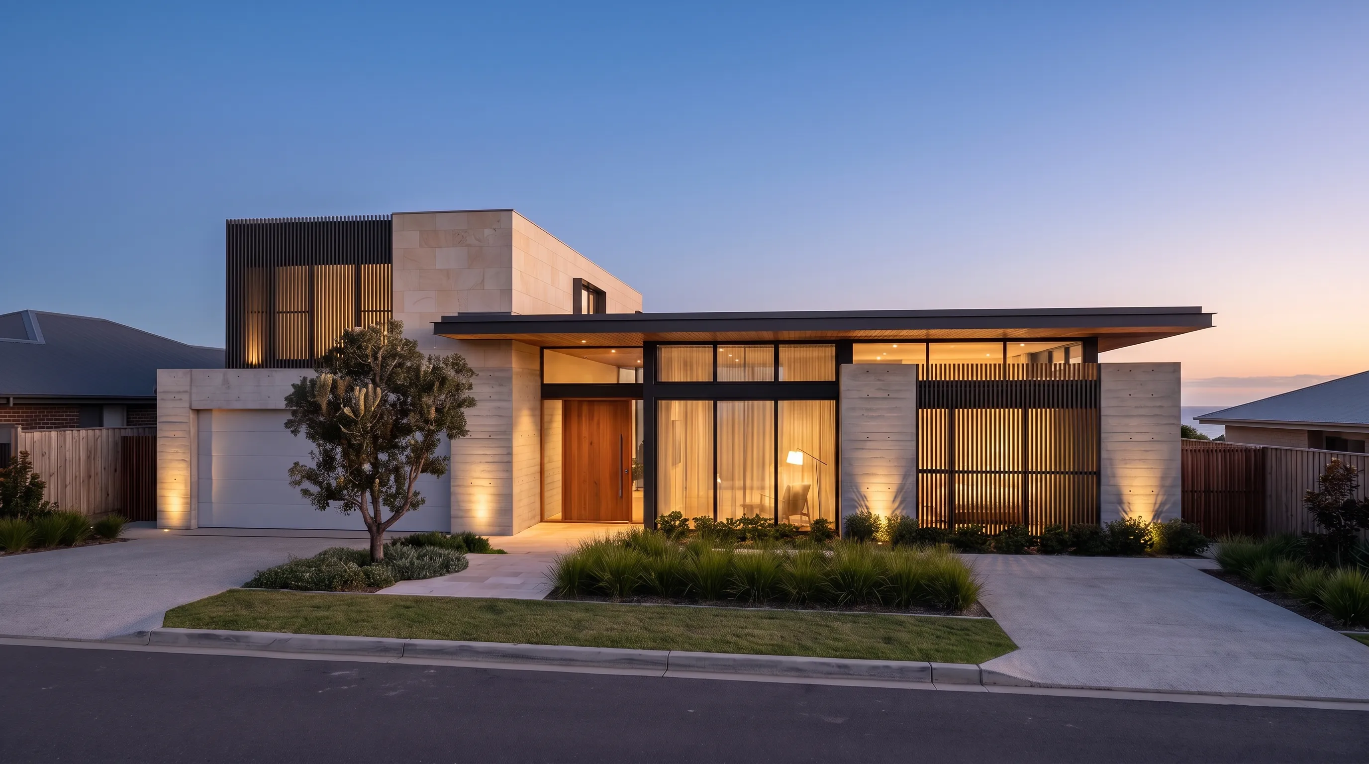 Banksia House study: dusk facade render