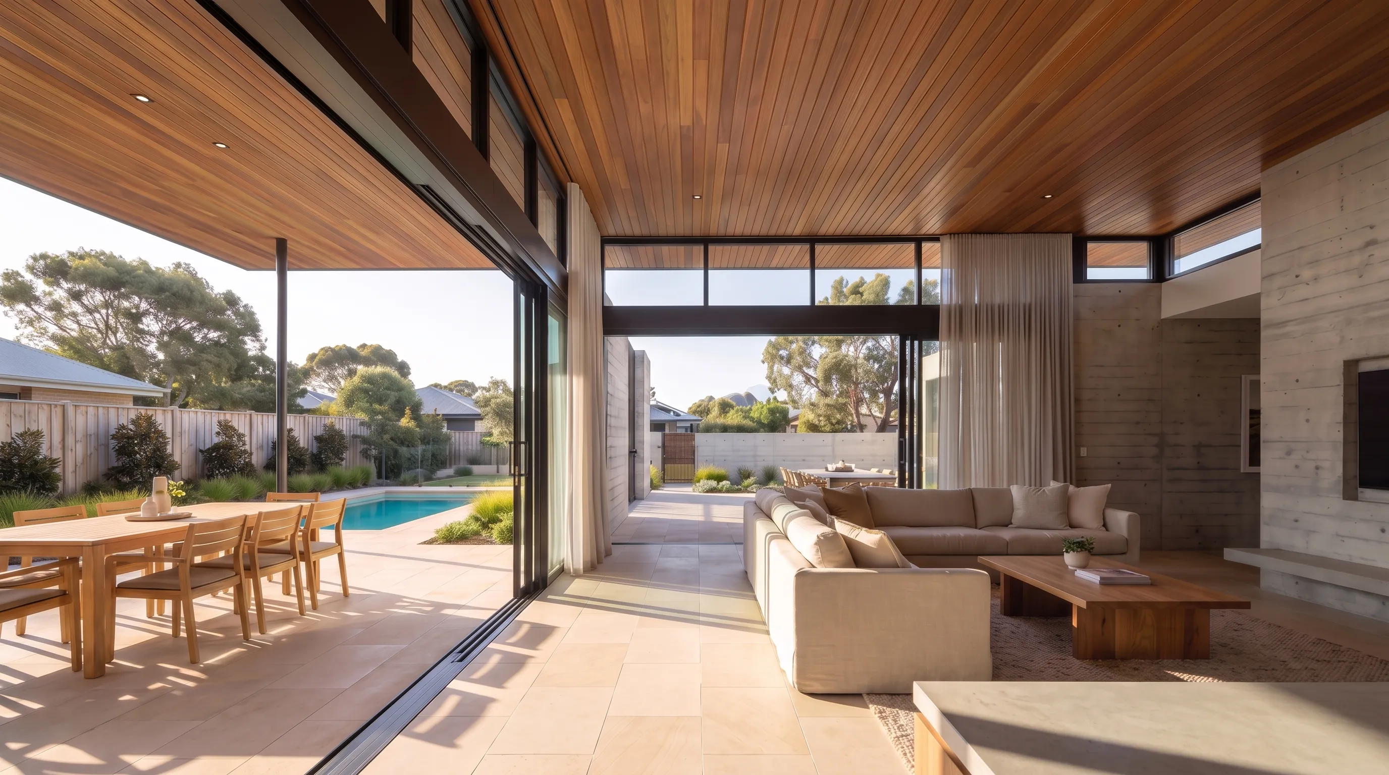 Interior study, living hero: the room opening through full-height glazing to the pool terrace, spotted-gum ceiling running through