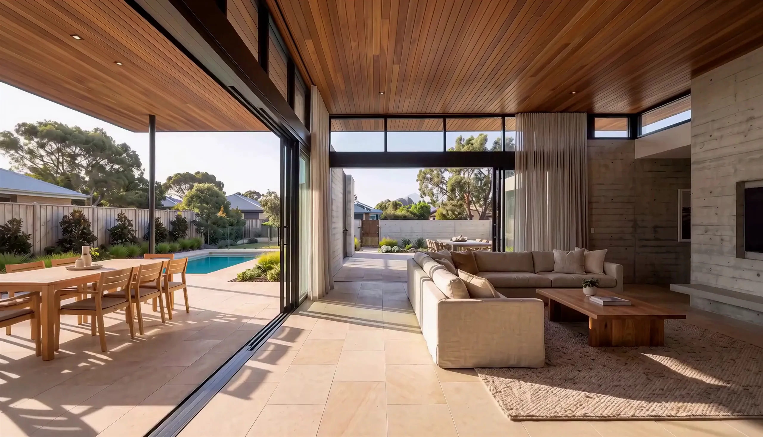 Interior study: the open living room with the sliders stacked back to the pool terrace, dining table to the left and the sectional facing the board-formed concrete wall