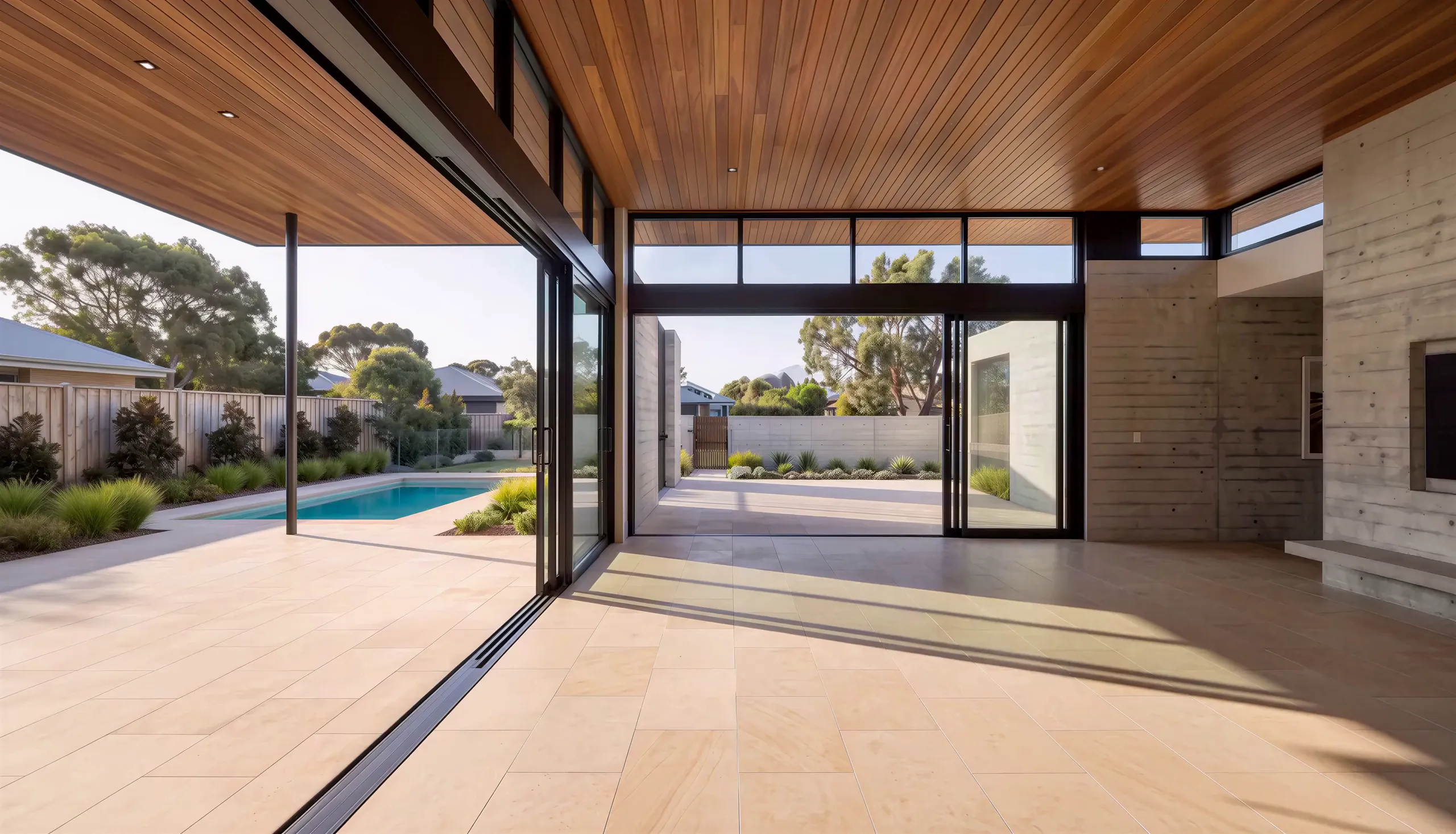 Interior study: the open living room as a bare shell in daylight, spotted-gum ceiling running out through full-height glazing to the terrace and pool