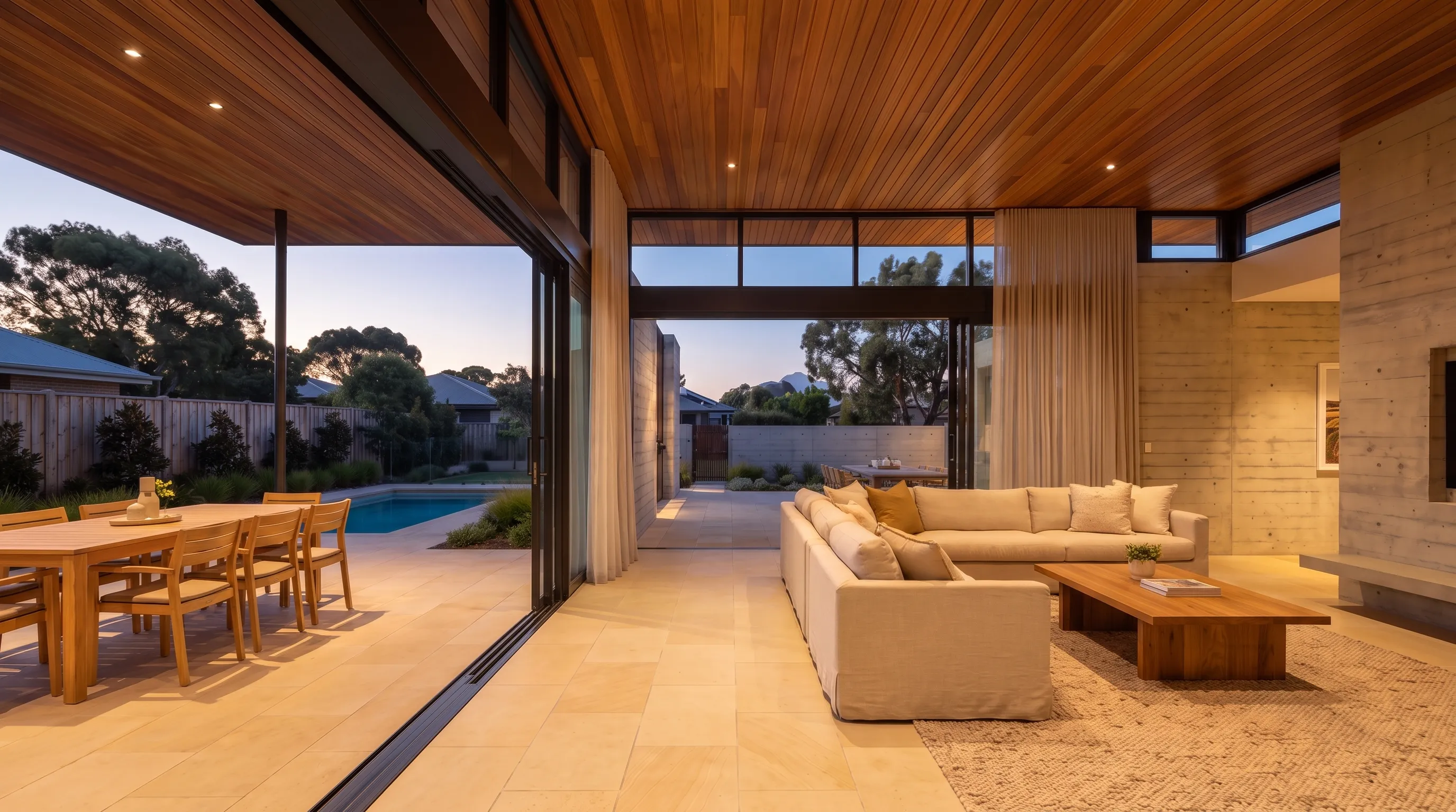 The same living room built and graded: seen from the pool terrace through the open glazing at golden hour