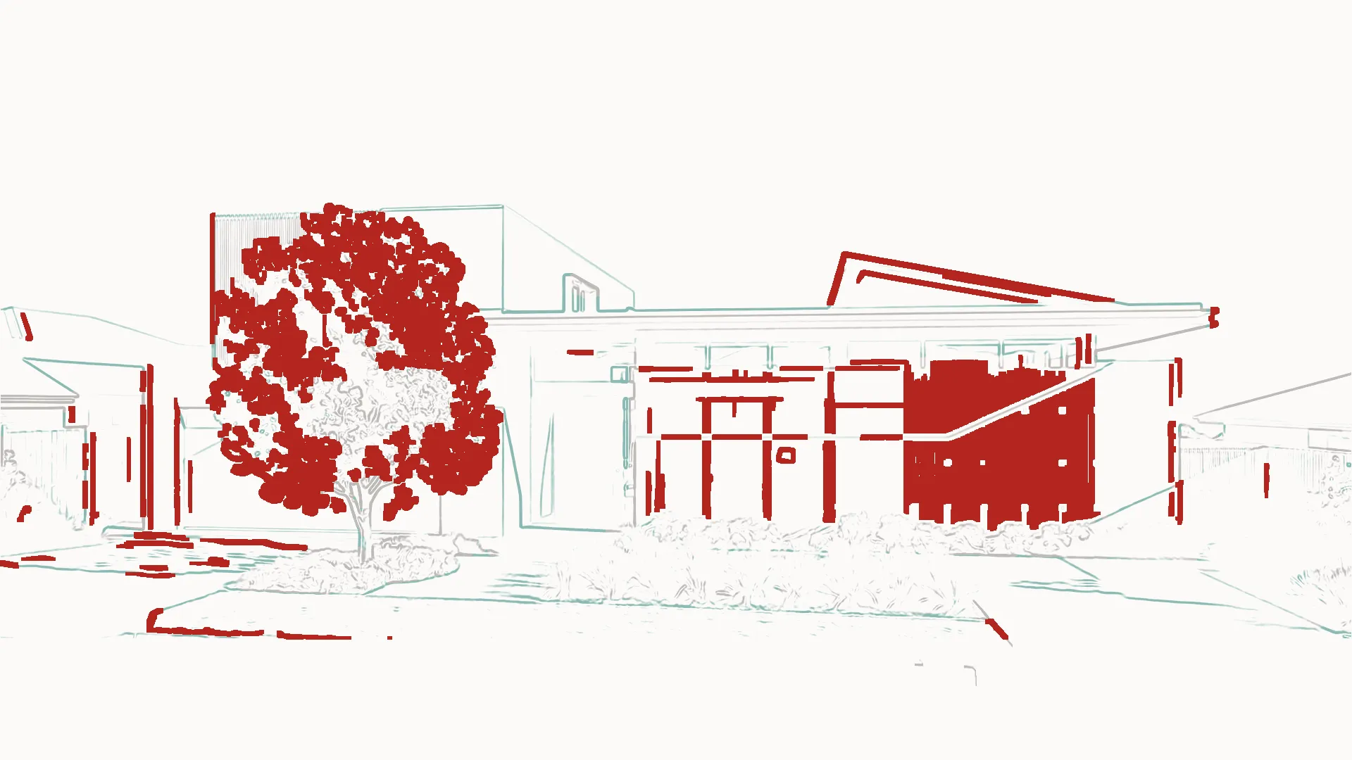 The geometry check on raw generative output of the Banksia House: the roofline, cantilever, entry glazing and batten screen all in red where the model was lost or moved — 23% structural deviation, a fail