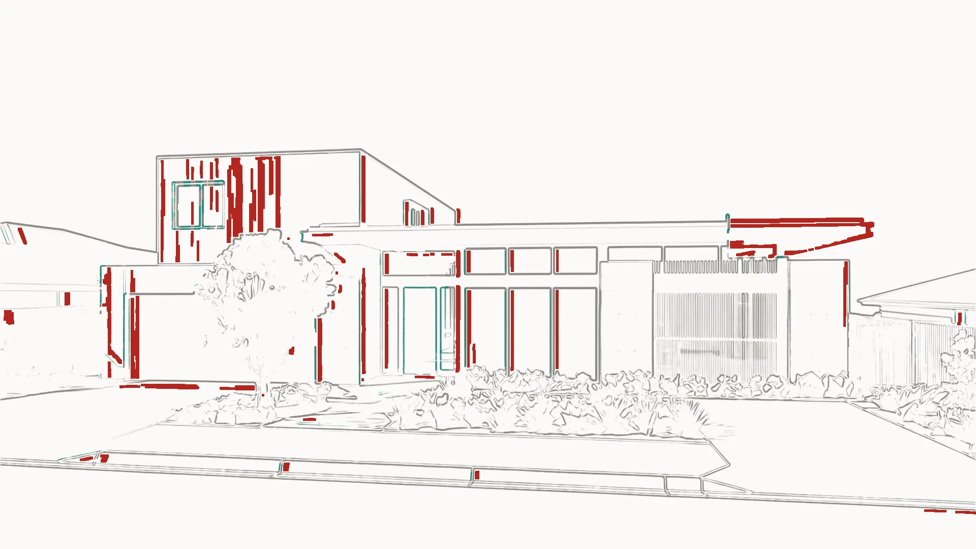 The geometry check on raw generative output of the Banksia House: the right-hand end of the roof, the garage eave, the entry glazing and the upper-floor batten screen all in red where the model was lost or moved — 7.6% structural deviation, a fail