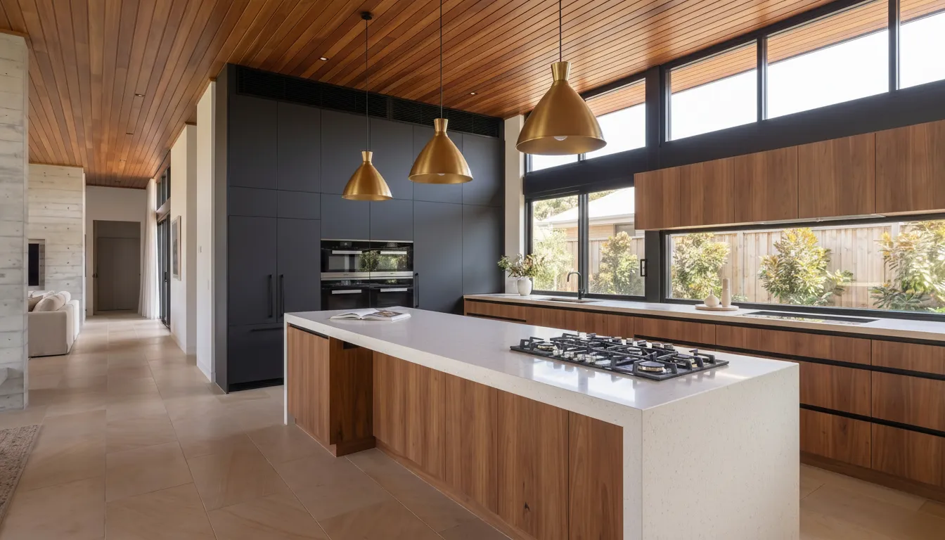 Raw generative output of the Banksia House kitchen: brass cone pendants where black domes were specified, the travertine island rendered as white speckled quartz, and a gas cooktop set into it that is not in the design