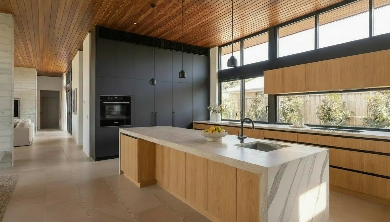 Raw generative output of the Banksia House kitchen: the walnut joinery rendered a shade lighter, the travertine island as a grey-veined pale marble, an undermount sink cut into the far end of the island, and a single wall oven where a double was specified