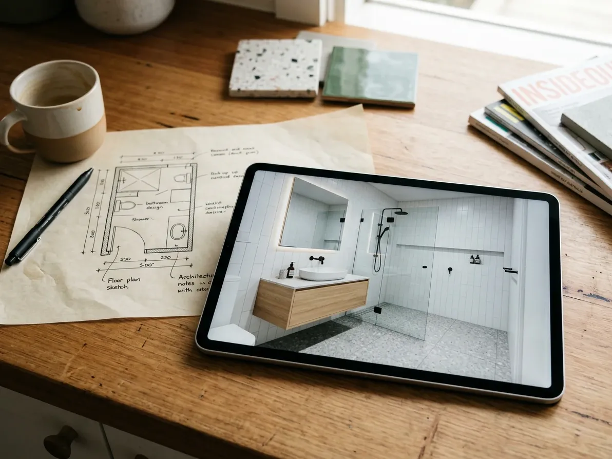 3D bathroom layout render displayed on a tablet before tiles are ordered