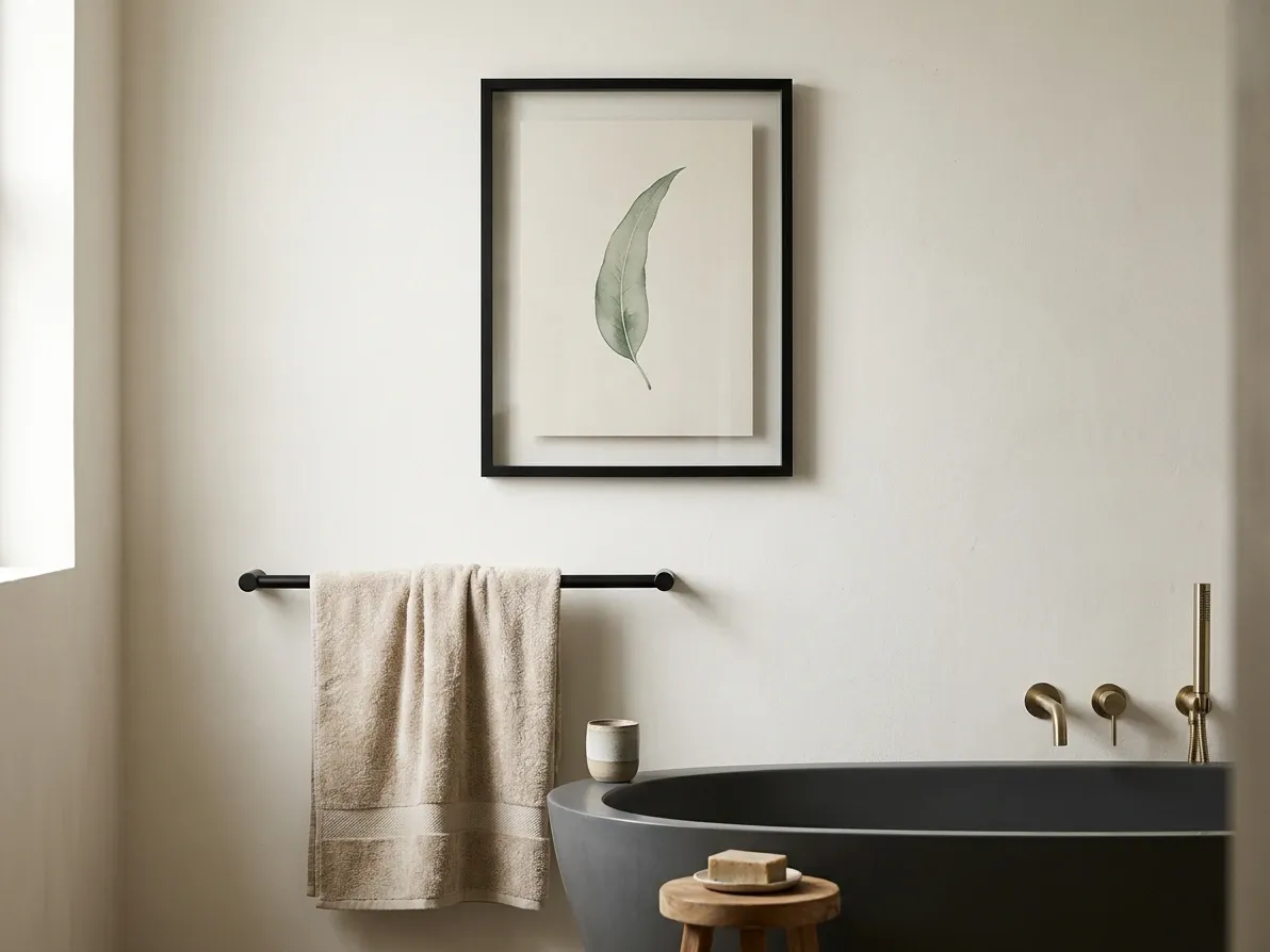 Moisture-resistant framed botanical print hung above a towel rail in an Australian bathroom