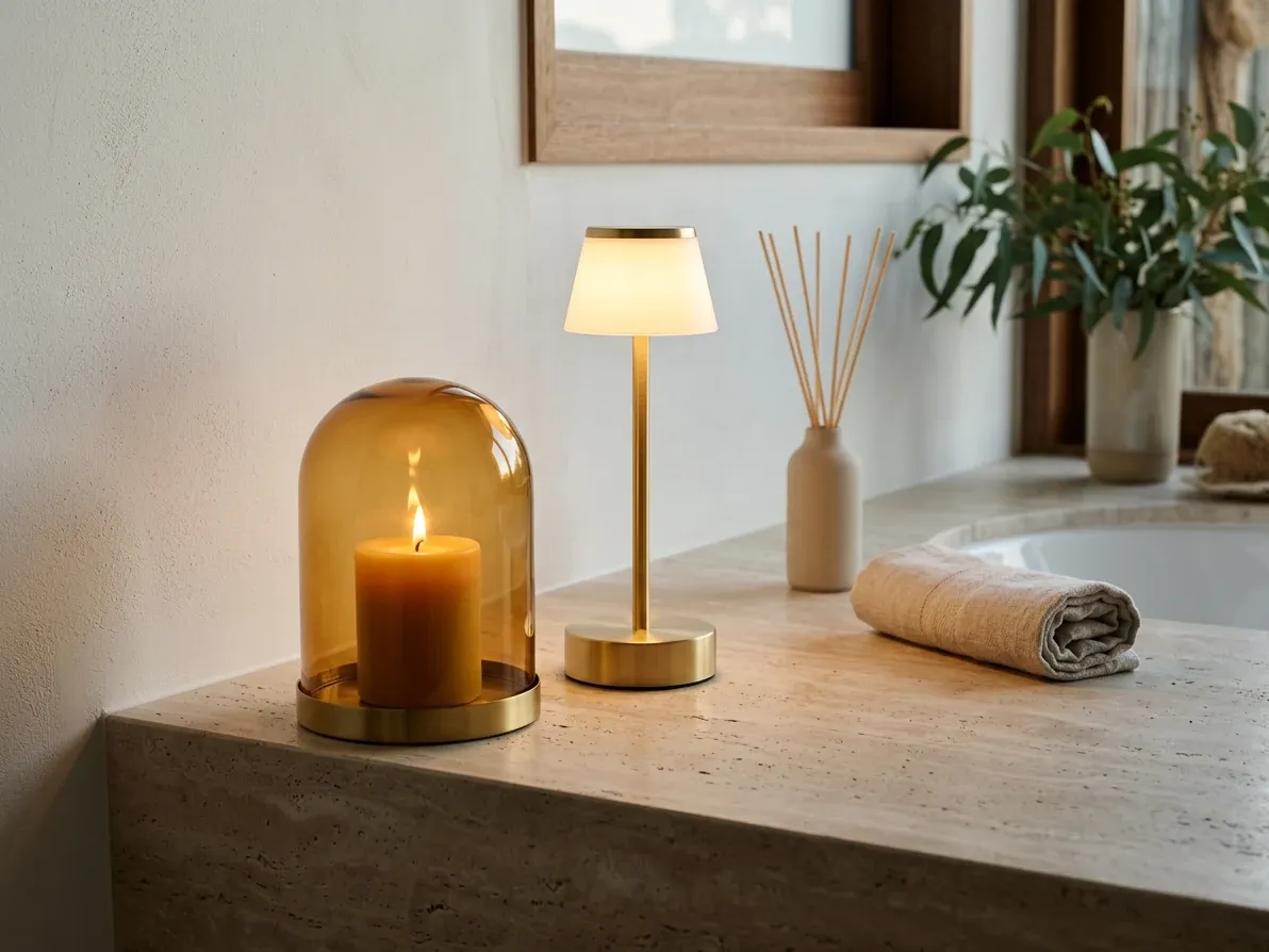 Australian bathroom with layered lighting from a cordless lamp and candle below the ceiling line