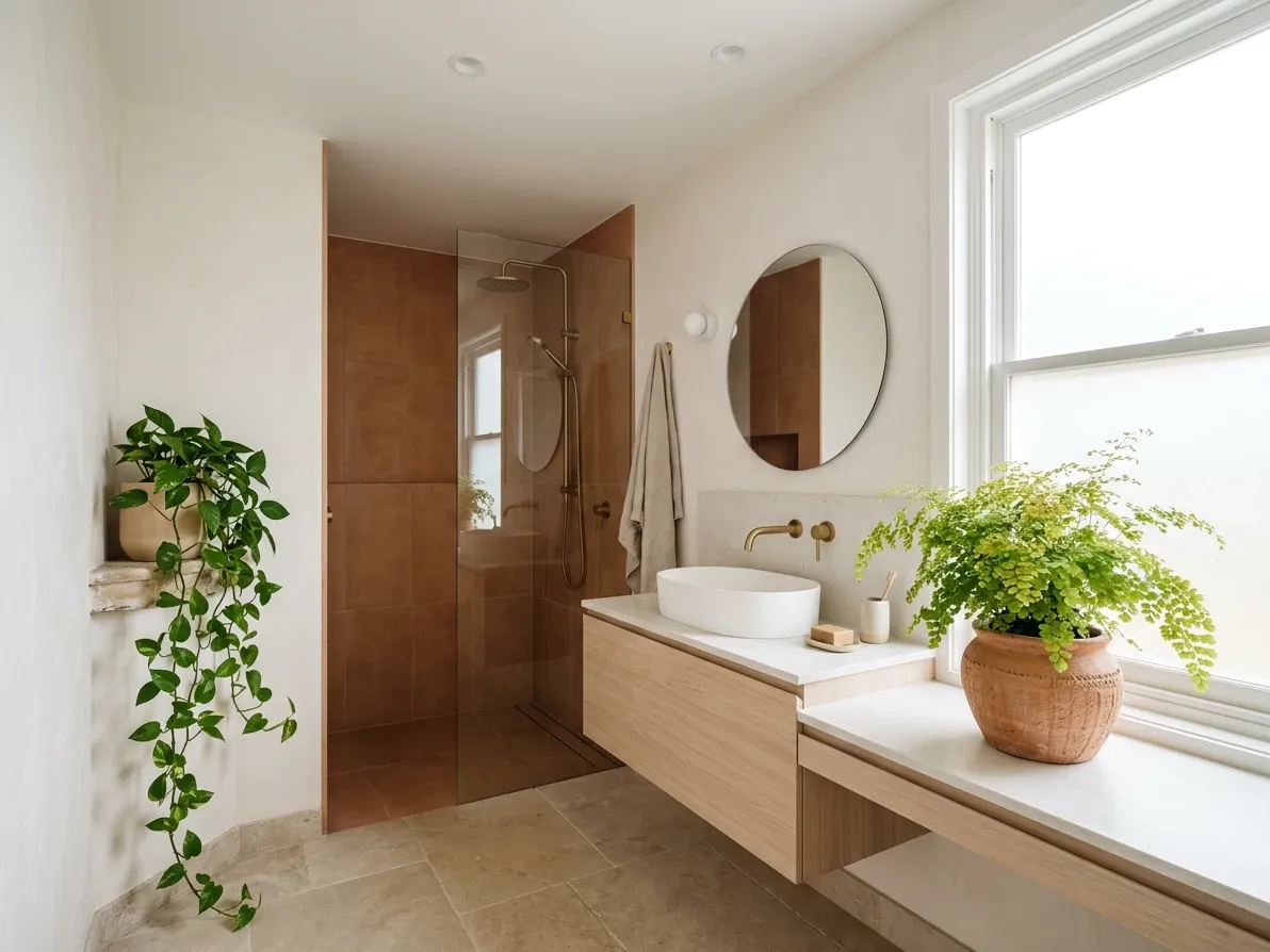 One or two humidity-tolerant plants in ceramic pots in a styled Australian bathroom