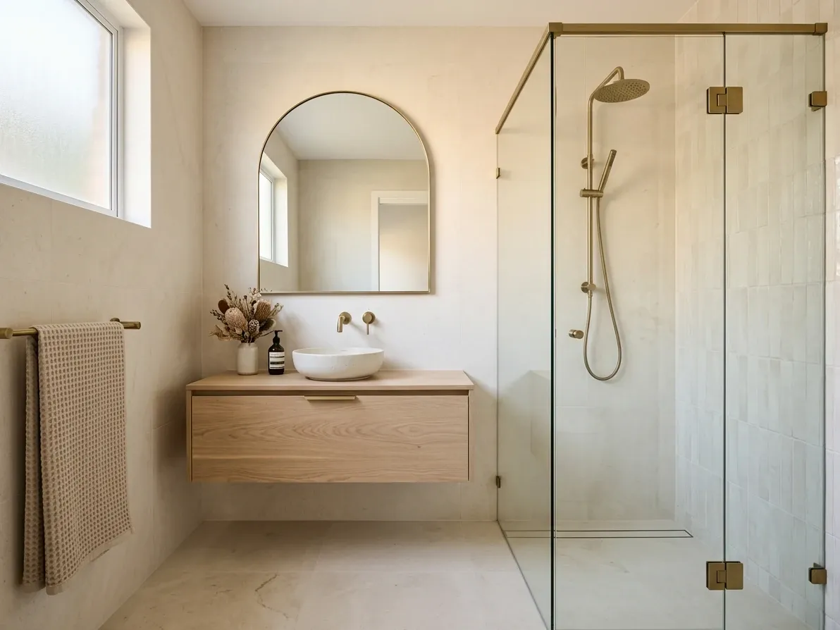 Resolved modern Australian ensuite with honed limestone surfaces, pale oak vanity and brushed brass tapware