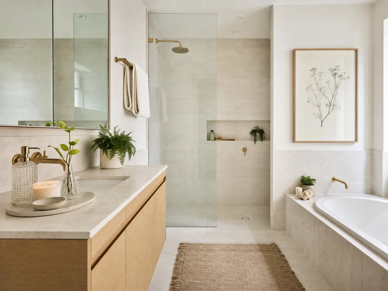 The same bathroom styled with towels, vanity tray, plant, candle and bath mat