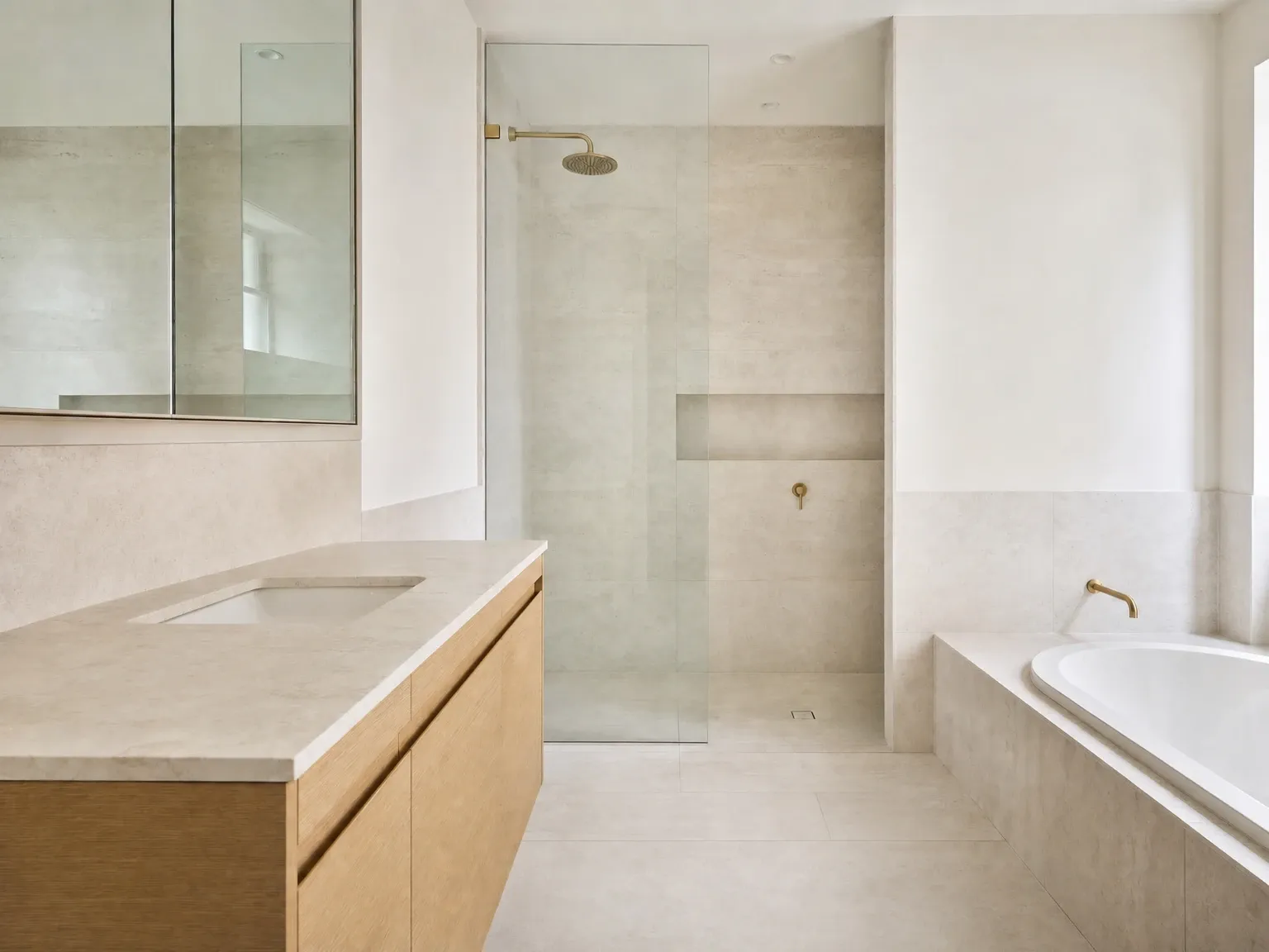 Finished Australian bathroom with bare vanity, empty hook and no styling layer