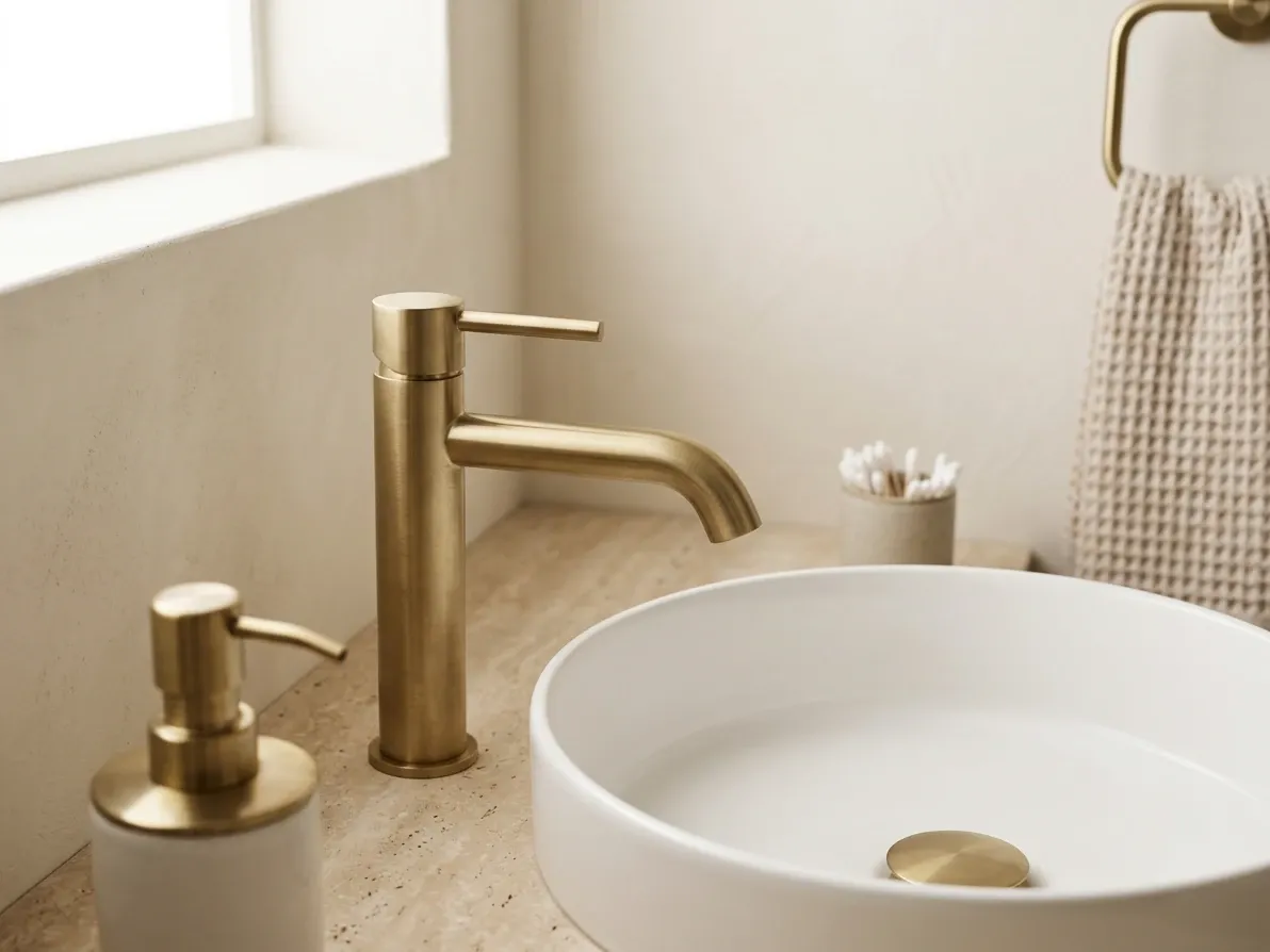 Coordinated matte black bathroom hardware across towel rail, robe hook and tapware in an Australian bathroom
