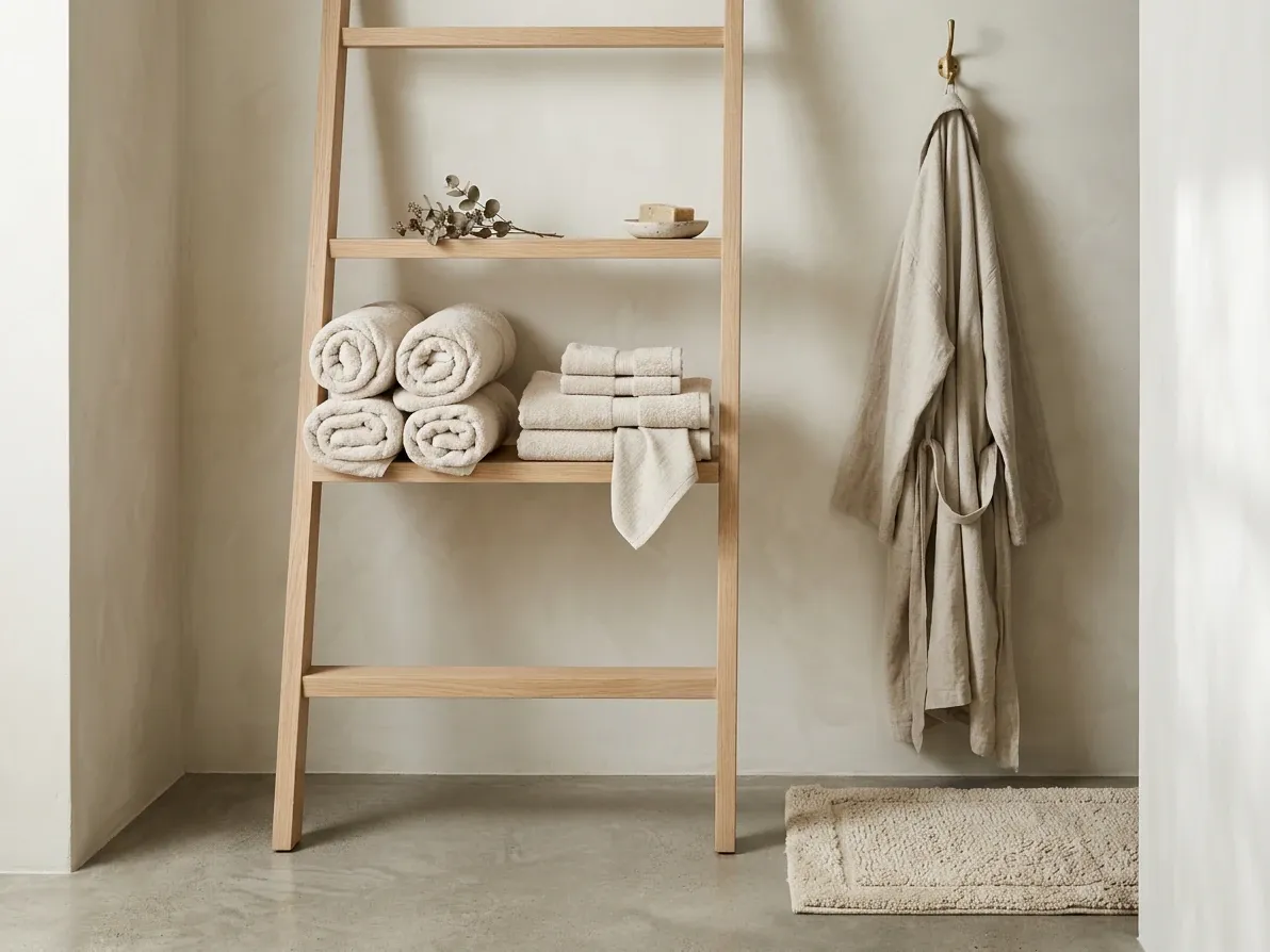 Coordinated bath towels, hand towels and bath mat in one tonal family on an Australian bathroom rail