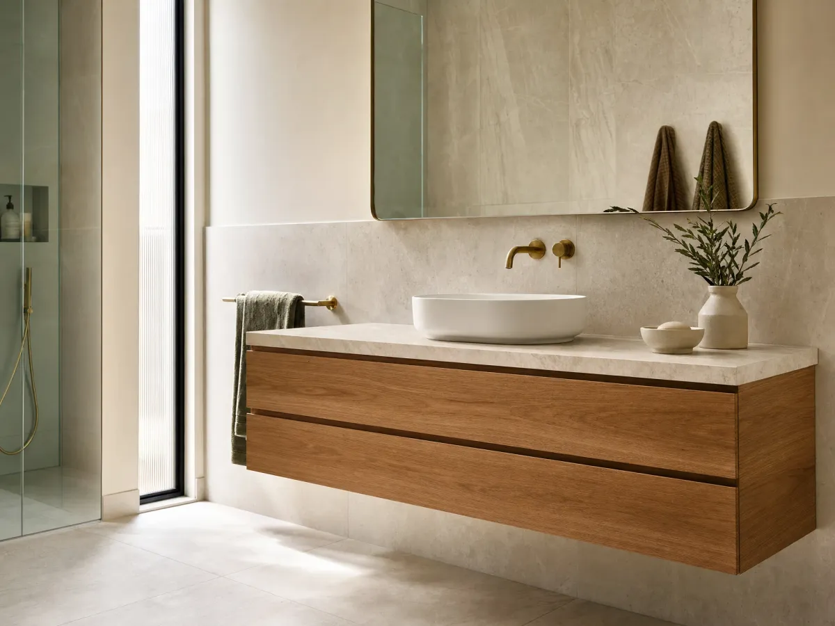 Bathroom vanity: timber, stone, fit and finish