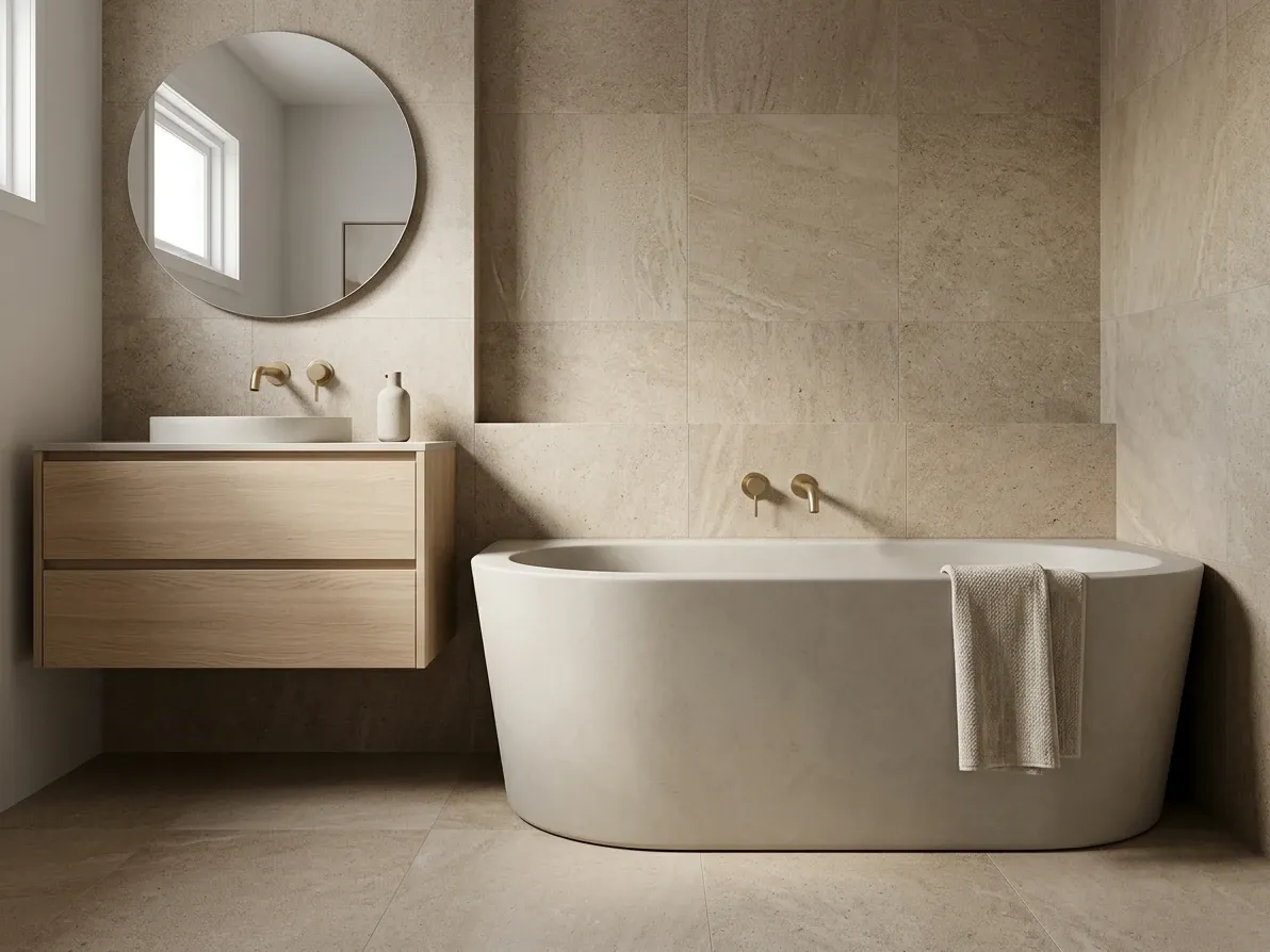 A photorealistic 3D render of an Australian bathroom with a freestanding bath