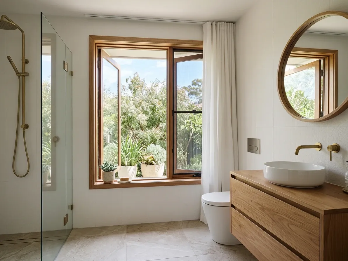 Australian bathroom window providing natural light and ventilation to meet code