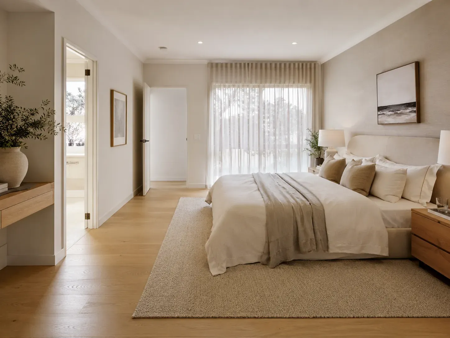 Australian bedroom layout showing 60 to 75 cm clearance each side of a queen bed and a clear path to the door