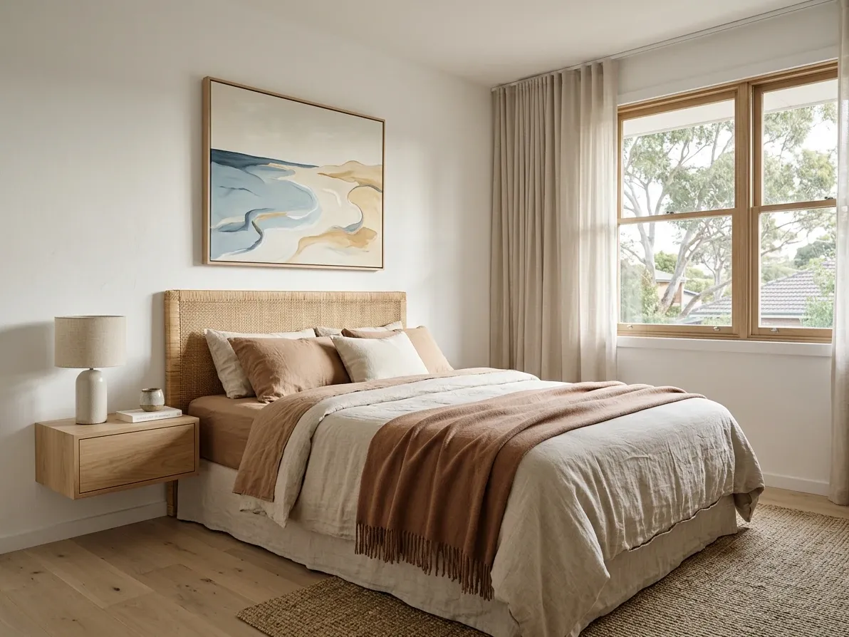 Ordinary Australian bedroom restyled into a warm modern coastal palette with linen bedding and pale oak floor