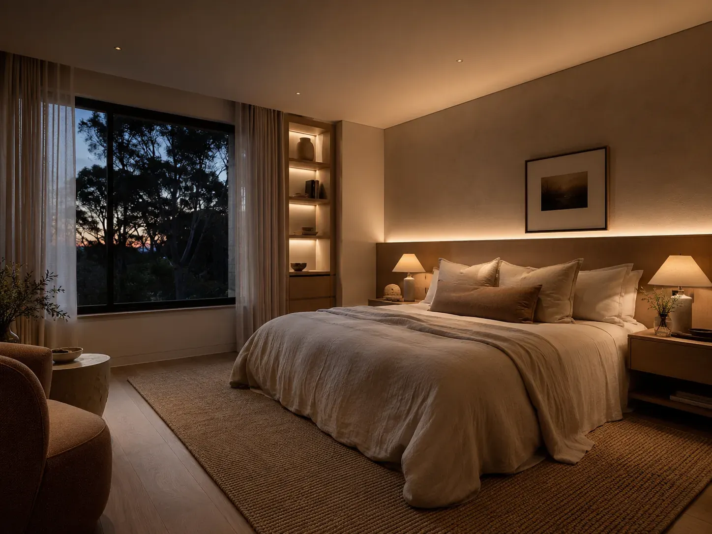 Australian bedroom with ambient ceiling light, bedside task lamps and an accent floor lamp